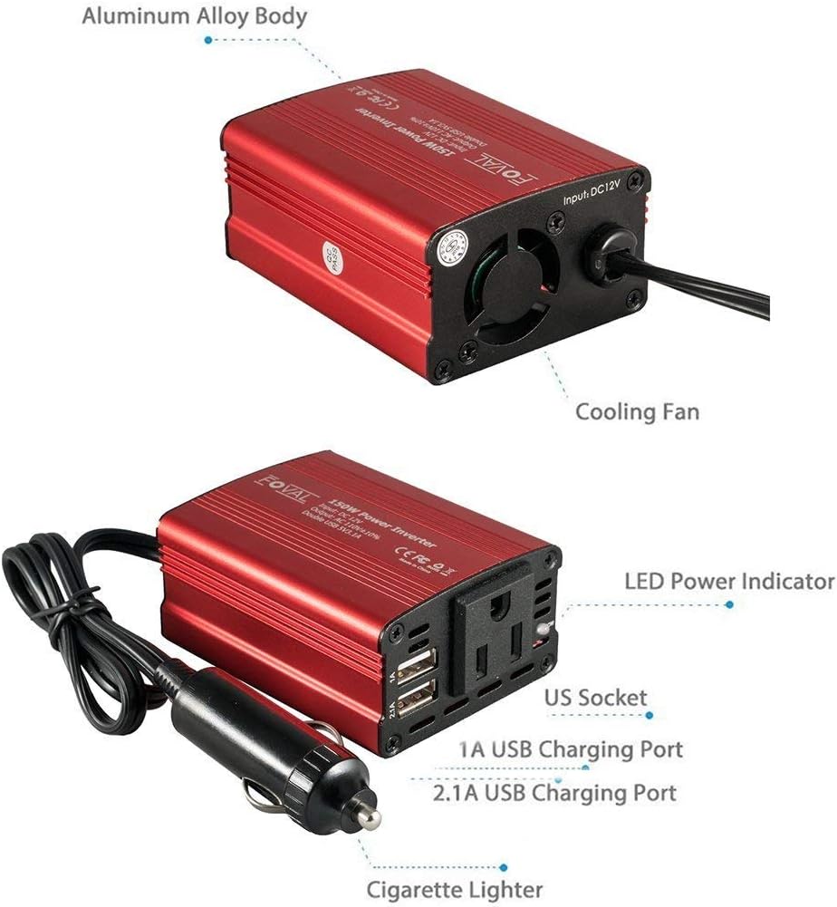 Thumbnail 6 de FOVAL 150W Car Power Inverter: 12V DC to 110V AC with Dual USB and Compact Aluminum Build