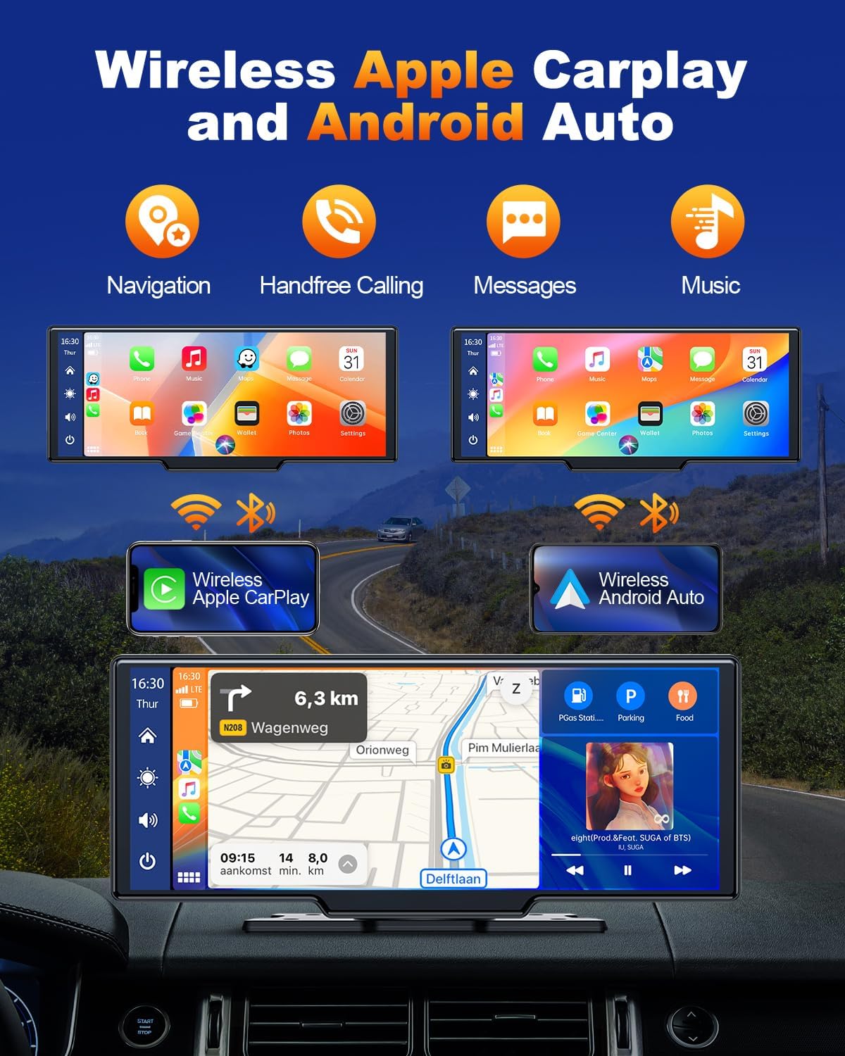 Detalle 2 de Volam 9.26 pollici: Autoradio portatile CarPlay/Android Auto wireless con touchscreen