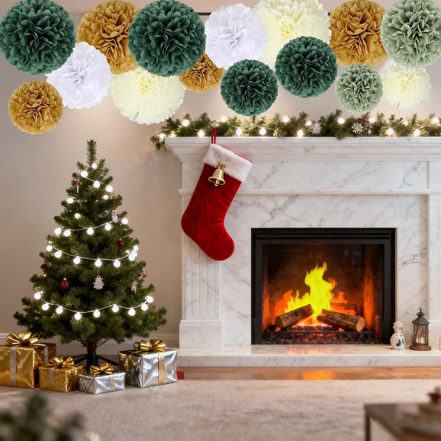 Detalle de BestoFun lot de 16 pompons en papier de soie vert kaki, beige et blanc pour Noël, mariage et fêtes