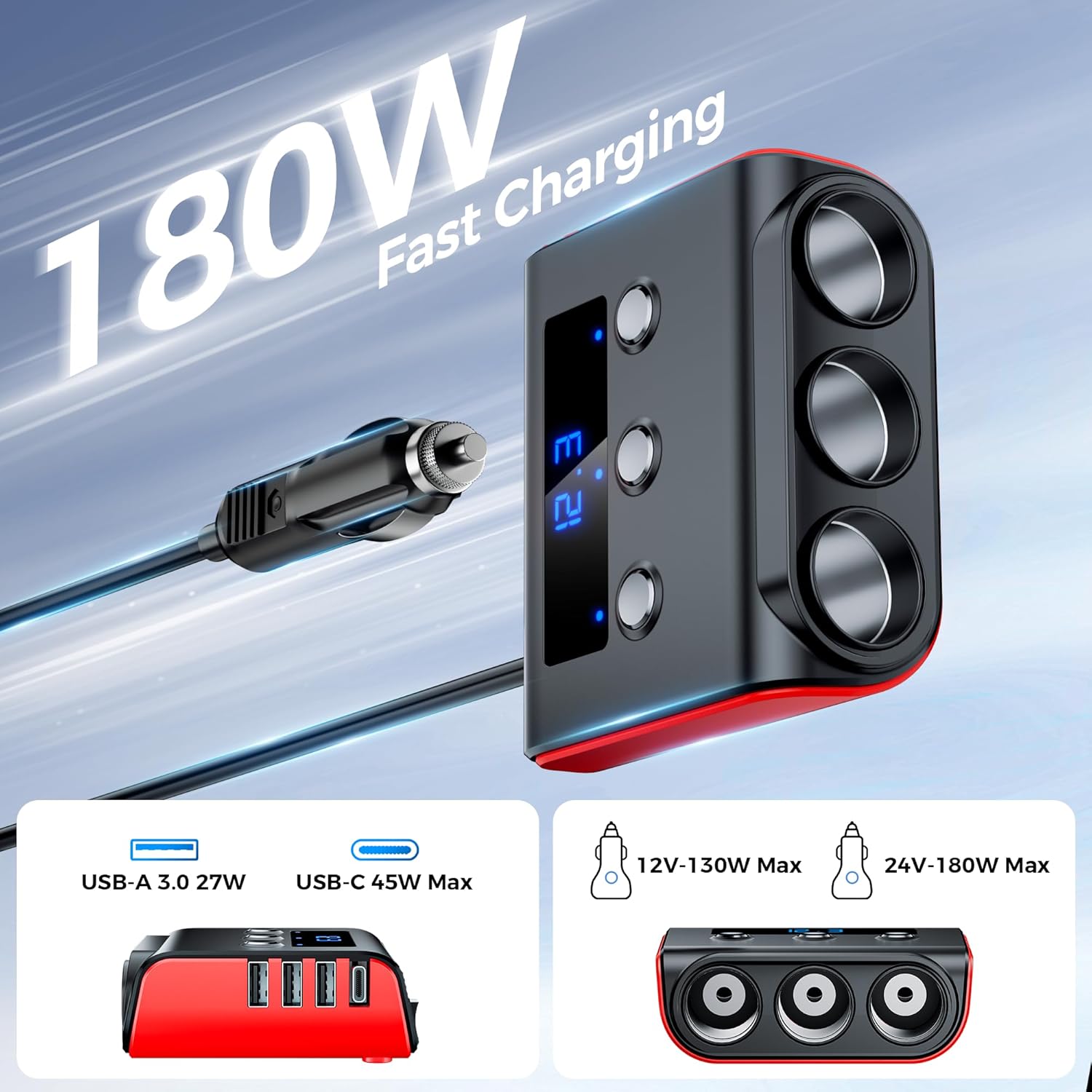 Thumbnail 4 de SONRU 180W 7-in-1 Cigarette Lighter Adapter with PD/QC3.0, Dual USB-A, Independent Switches and LED Display
