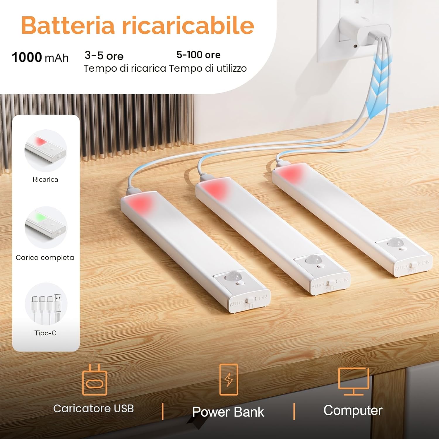 Detalle de daphomeu – 5 luci LED Sottopensile Cucina con Sensore, Dimmerabili, ricaricabili e magnetiche
