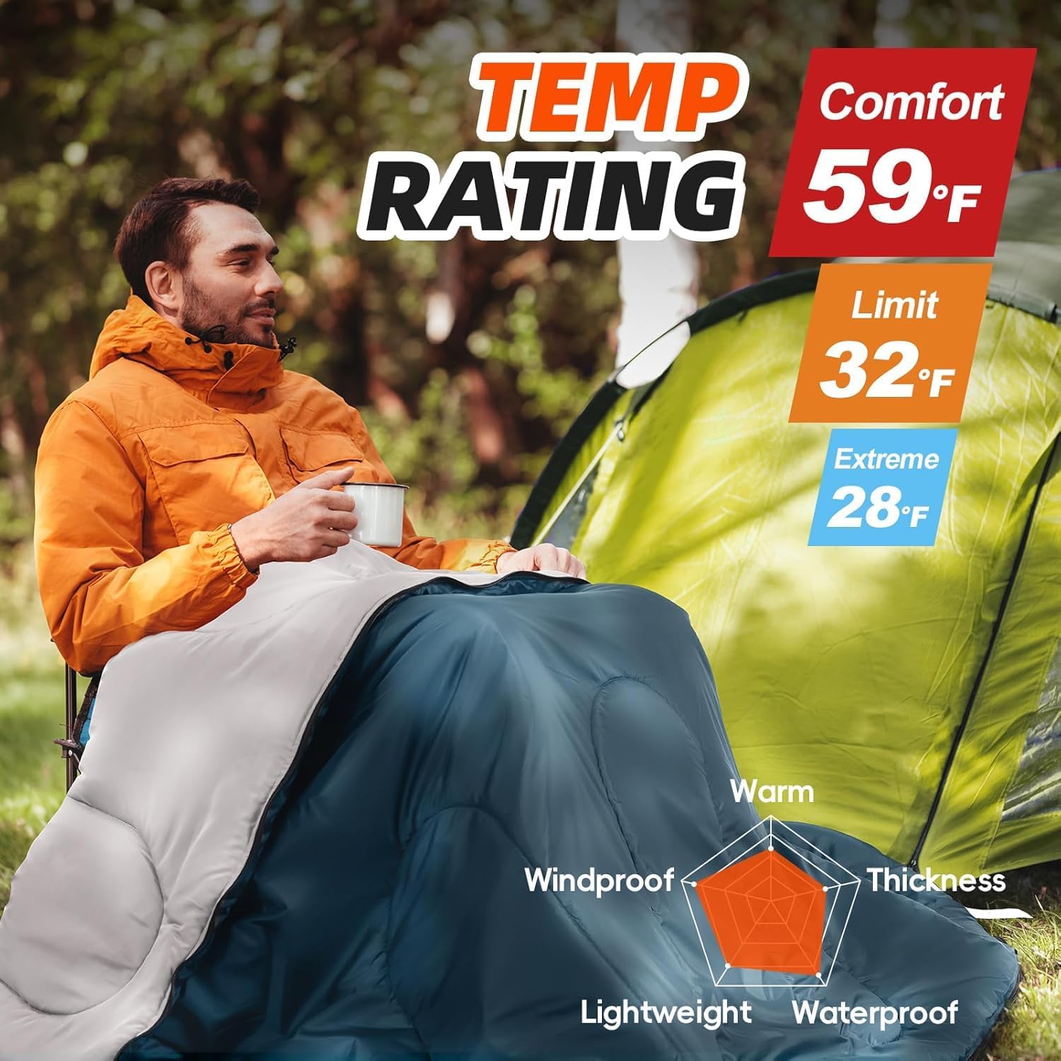 Thumbnail 1 de MEREZA XL Sleeping Bag for Men – Large Wide, 3-4 Season with Compression Sack