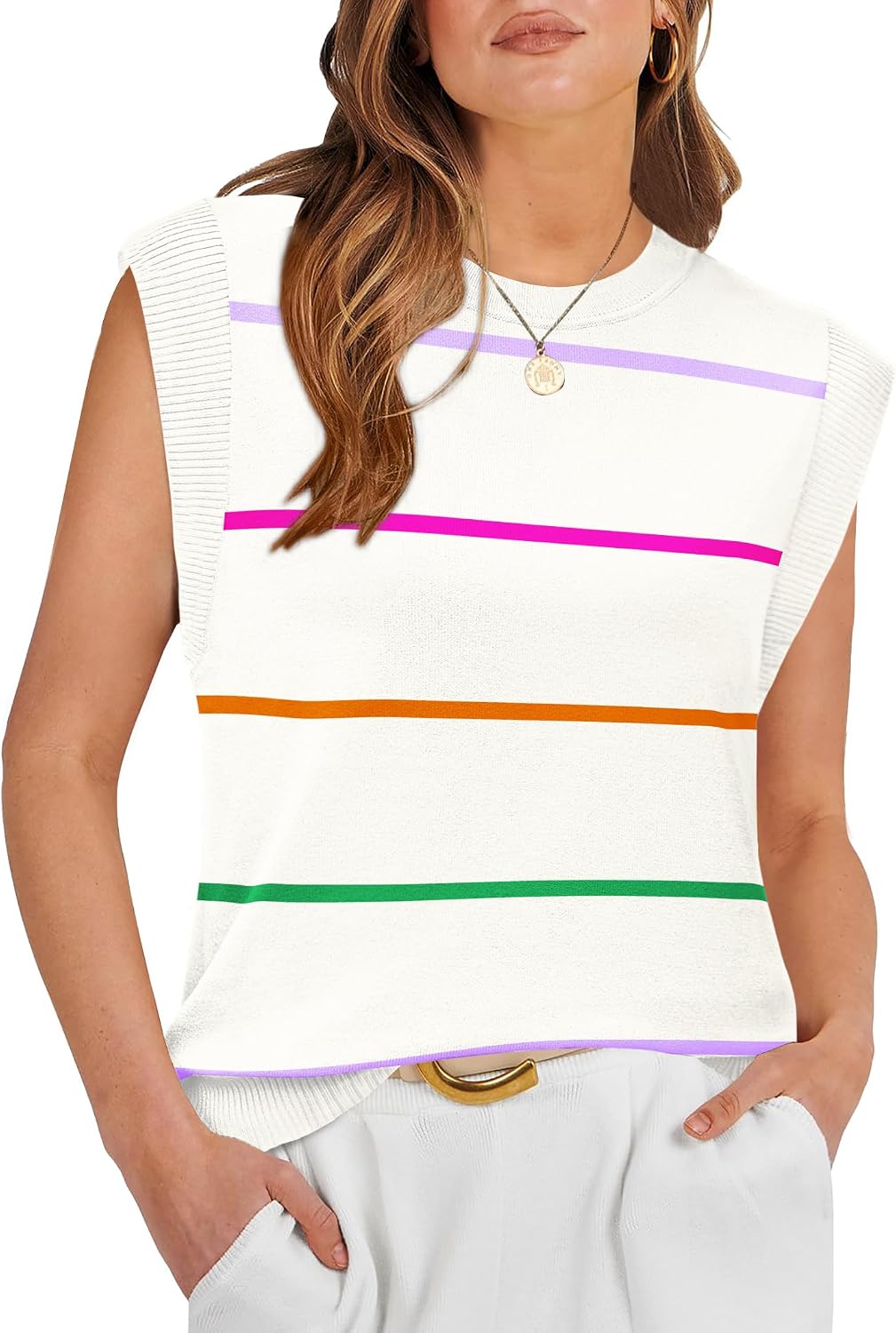 Detalle 2 de WIHOLL Women's Tank Tops: Lightweight Summer Knit with Crew Neck and Ribbed Cap Sleeves