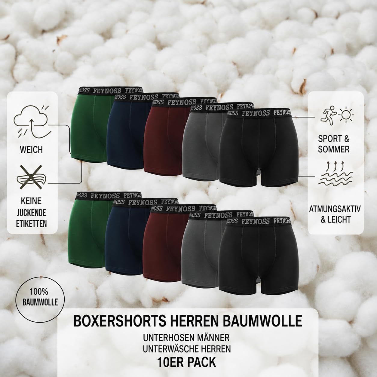 Detalle de feynoss Boxershorts Herren 10er Pack – atmungsaktive Baumwolle, etikettenlos, elastischer Bund