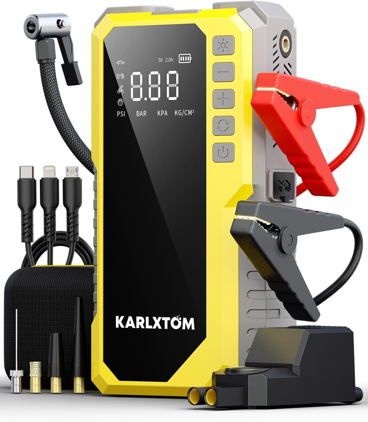 Detalle de Karlxtom Starthilfe Powerbank mit 4500 A, 190 PSI Kompressor, 88 Wh & LED-Licht