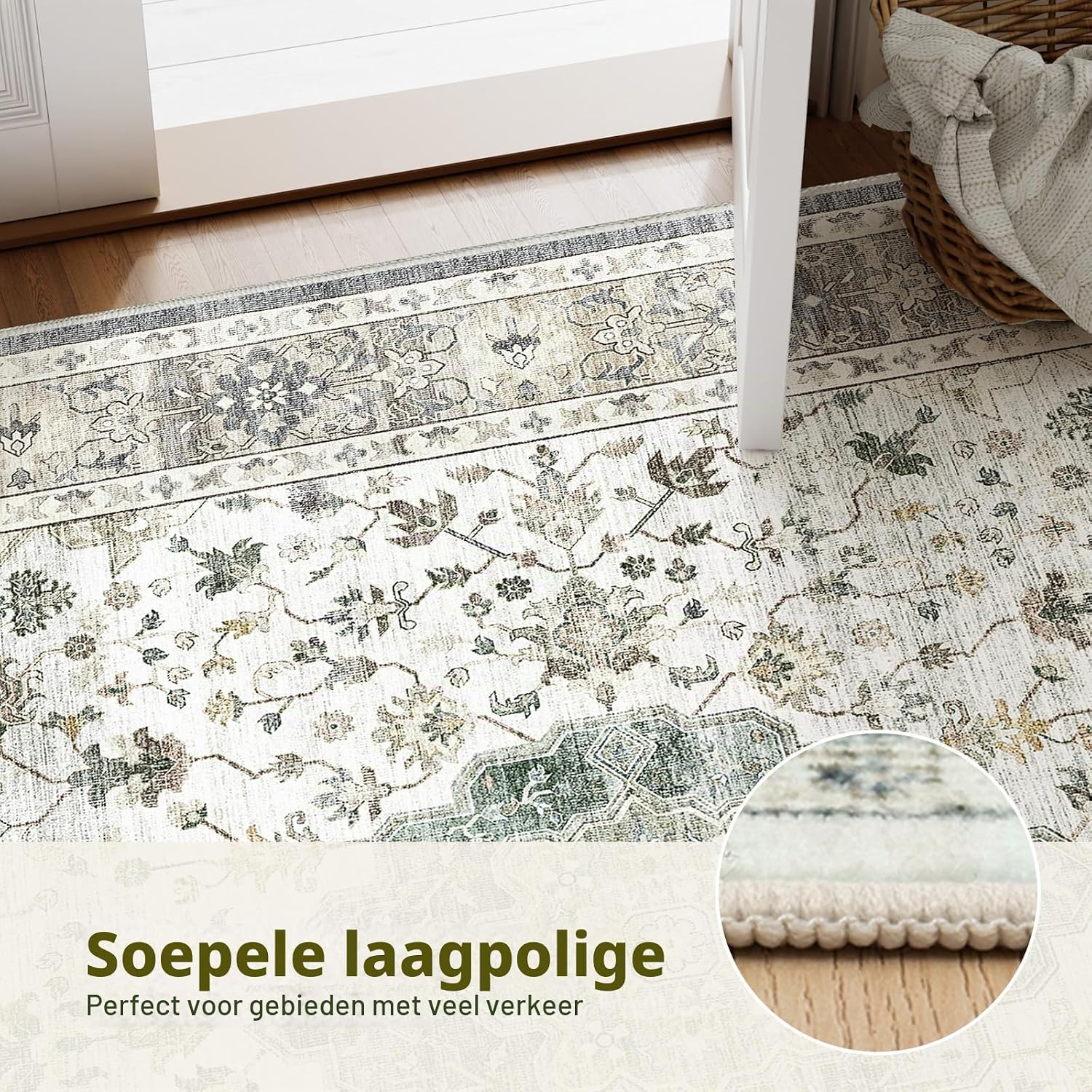 Detalle 2 de HOMFINE Vintage Alfombra vloerkleed 200 x 300 cm, lichtgroen met bloemenpatroon