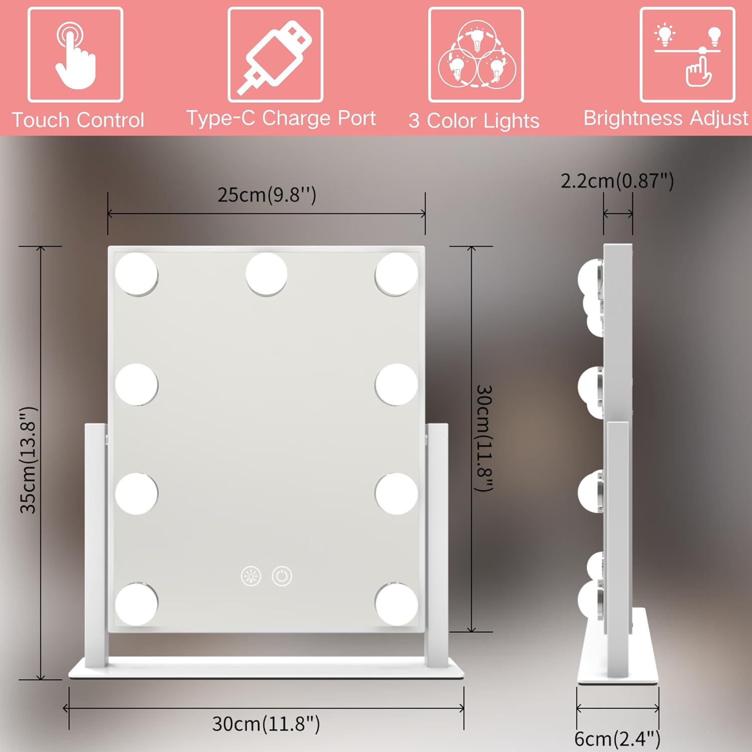 Thumbnail 3 de 12in Lighted Vanity Mirror Touch Sensor, 3-Color 💄