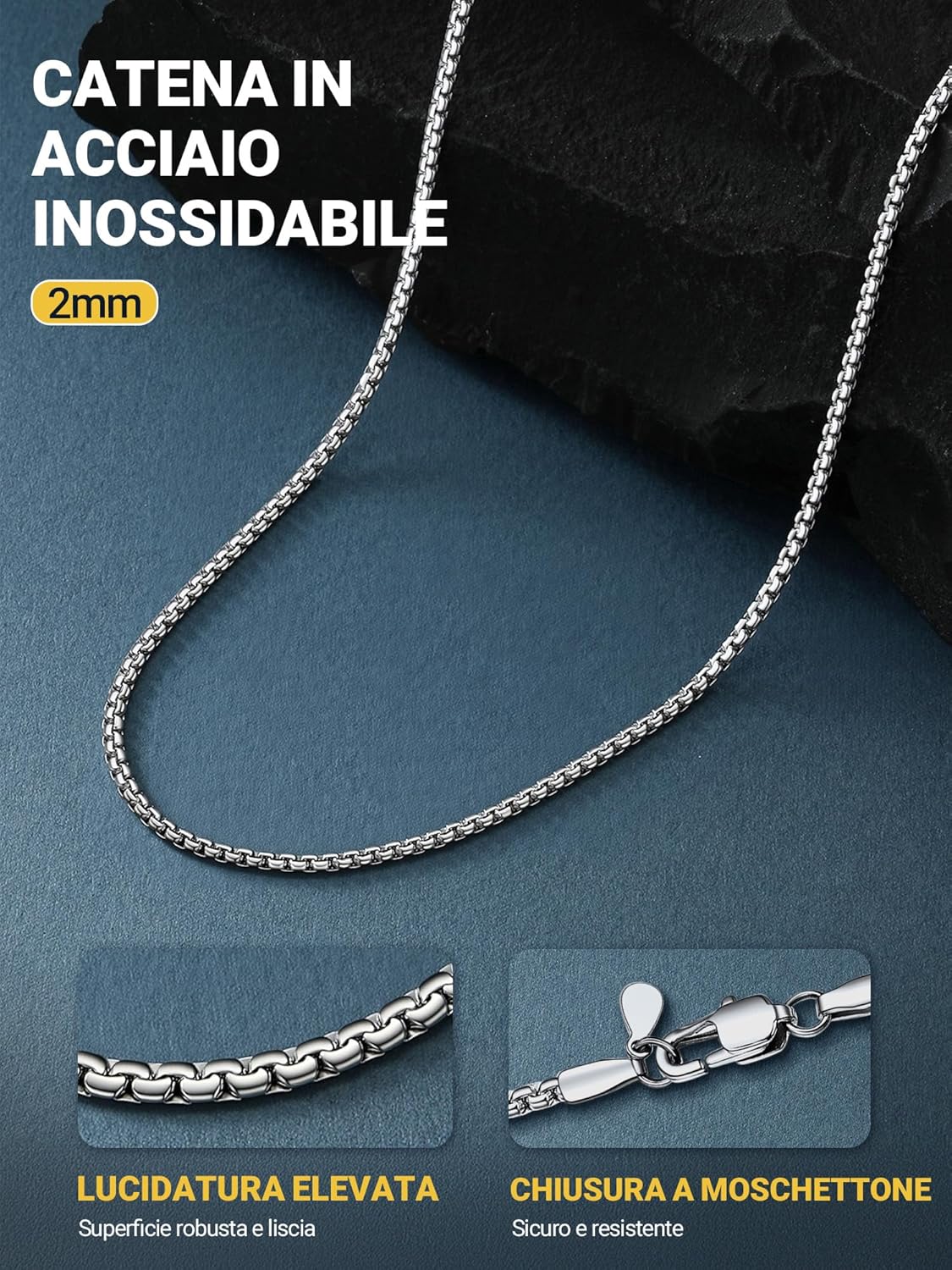 Thumbnail 6 de PROSTEEL Uomo Collana Catena Scatola Piatta Grande Robusta Sottile | 4/6 mm in acciaio inox 316L con opzioni argento, nero o oro 18K – confezione regalo