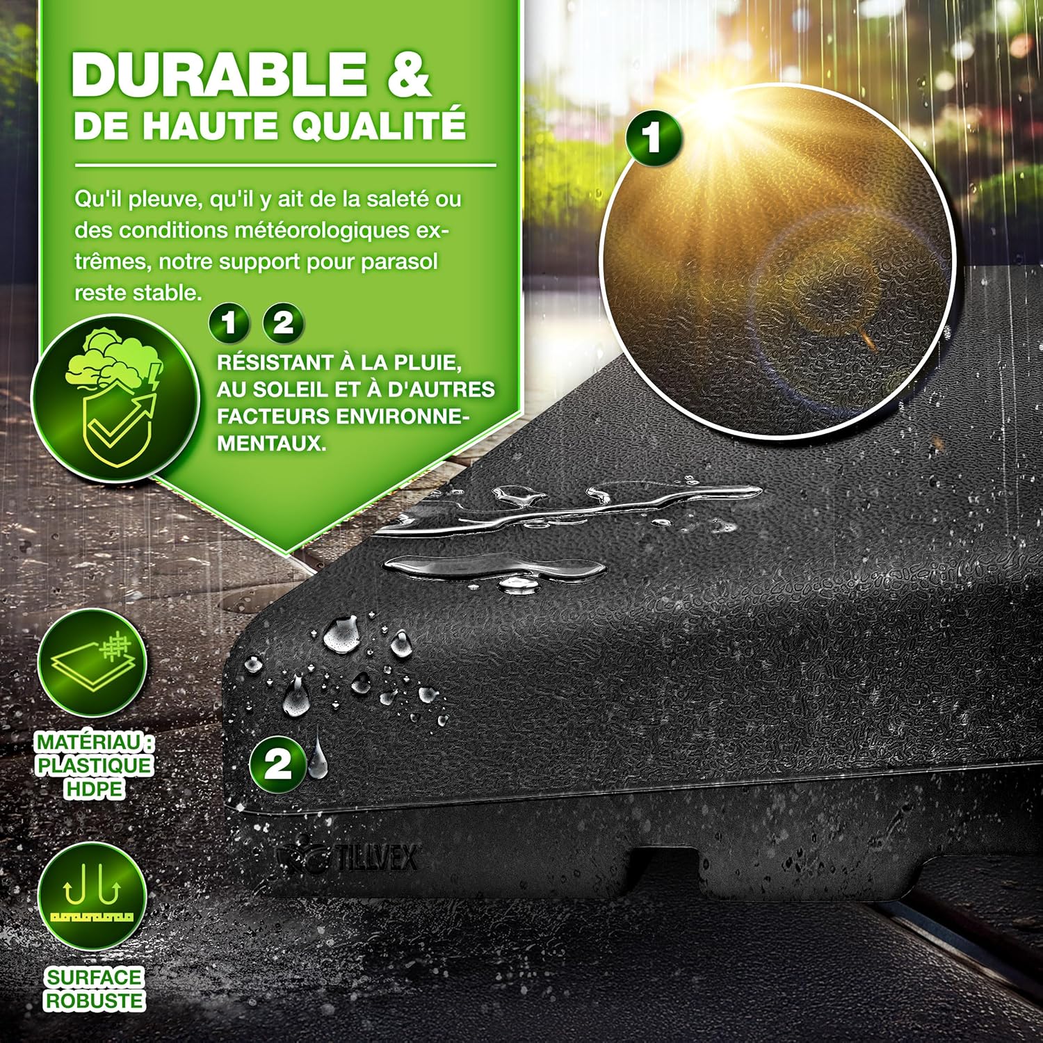 Thumbnail 3 de tillvex Lestage & Dalles Carrées pour Parasol Déporté – Base à remplir 90 L d’eau / 120 kg de sable, 4 pièces
