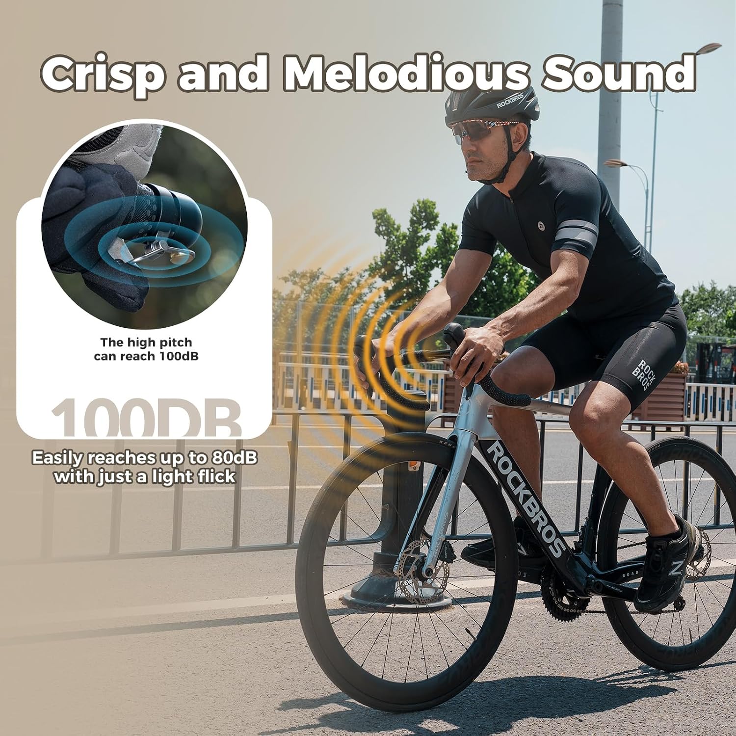 Detalle de ROCKBROS campanello bici 2-in-1 mini con tappo manubrio, 80 dB e fissaggio per manubri 22,2 mm