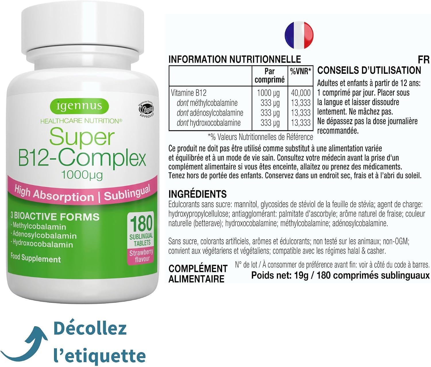 Thumbnail 5 de Igennus Complexe de vitamine B12 sublinguale (méthylcobalamine, adénosylcobalamine, hydroxocobalamine) 1000 mcg – 180 doses
