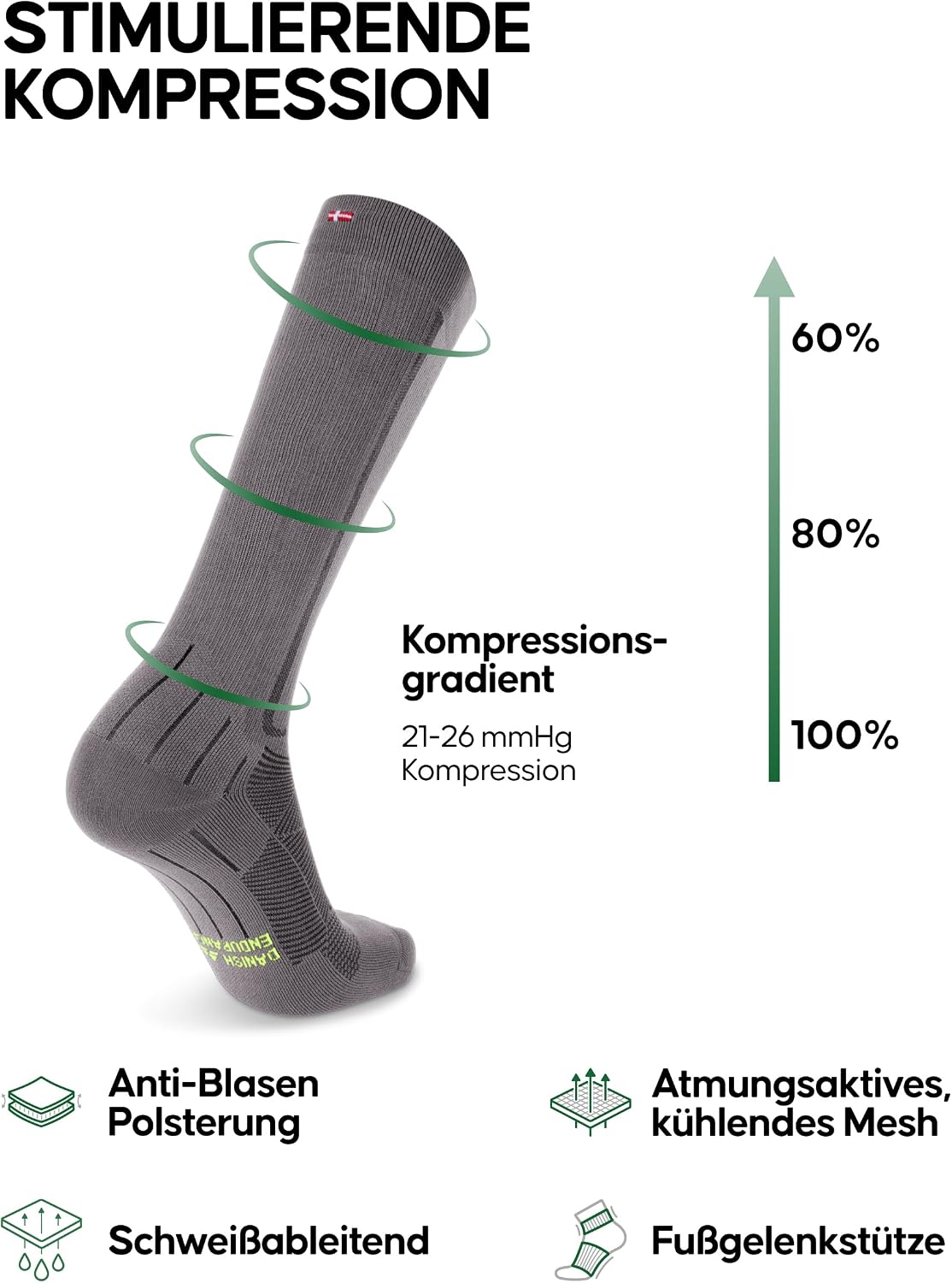 Detalle de DANISH ENDURANCE Kompressionsstrümpfe 21-26 mmHg – Optimal unterstützend für Laufen & Reisen