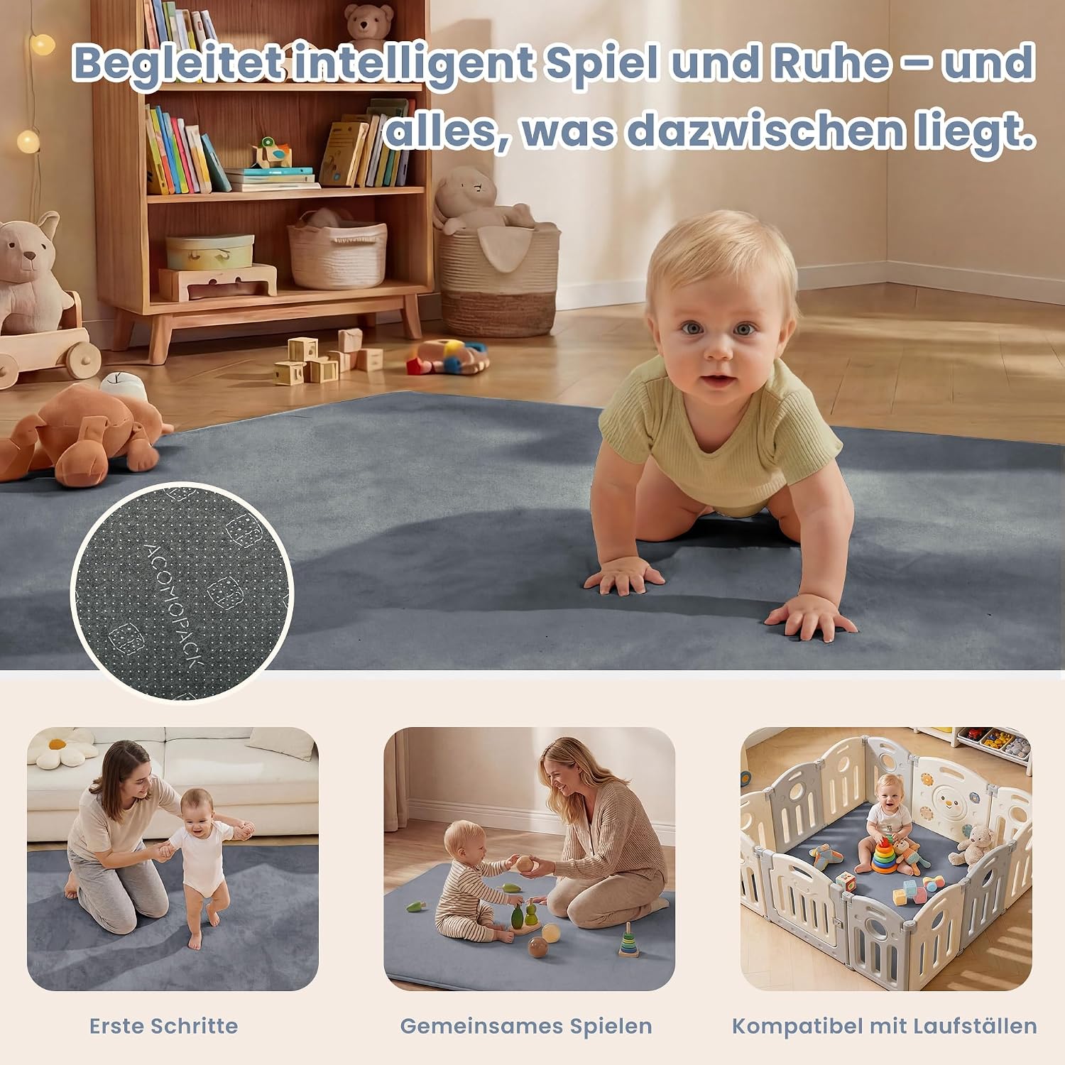 Thumbnail 6 de ACOMOPACK Baby Play Mat: 127 x 127 cm, 3.5 cm Memory Foam, Grey, Non-Slip for Tummy Time and Crawling