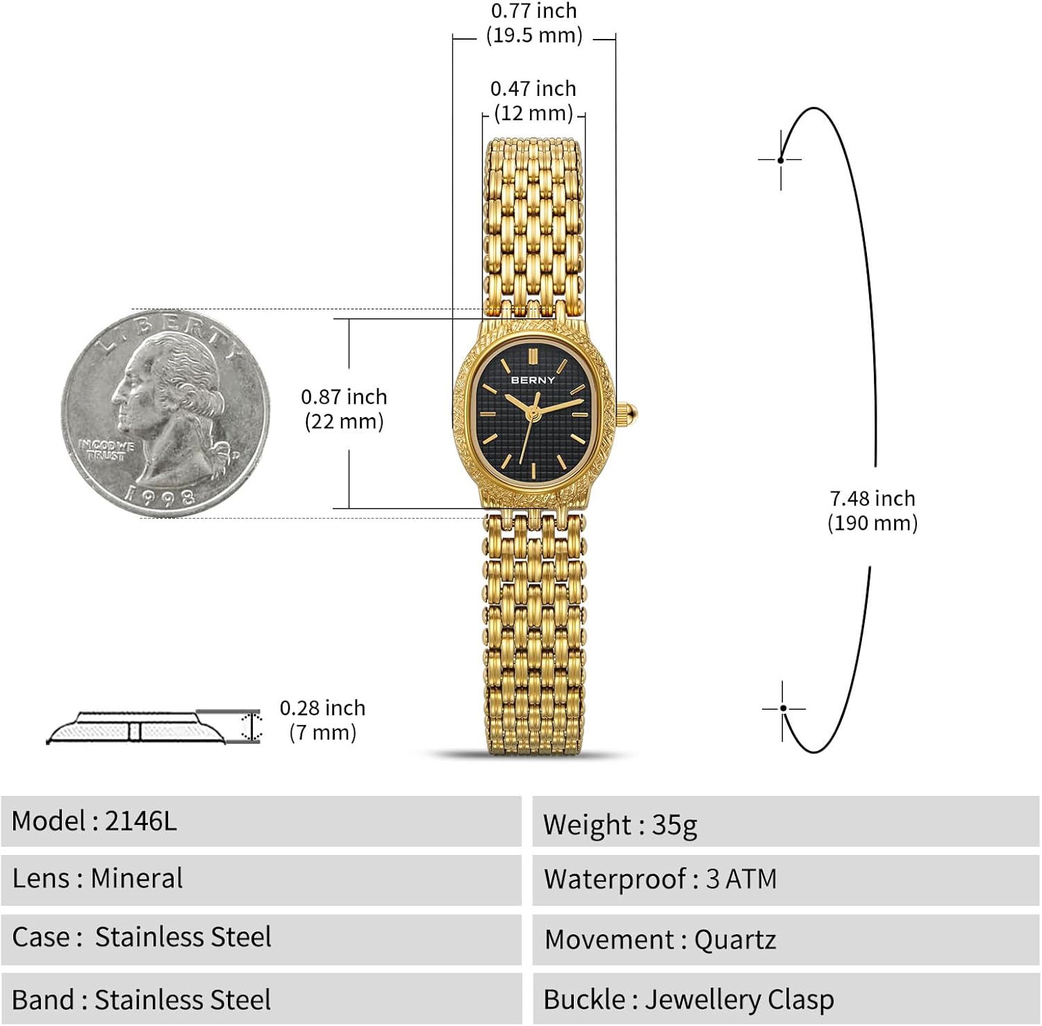 Thumbnail 5 de BERNY Gold Damenuhr mit Quarzwerk – ovale kleine Armbanduhr in Goldoptik inkl. Werkzeugen