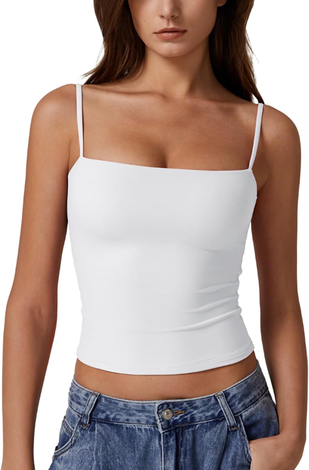 Detalle de QINSEN Women's Double Lined Basic Tank Top with Adjustable Spaghetti Straps