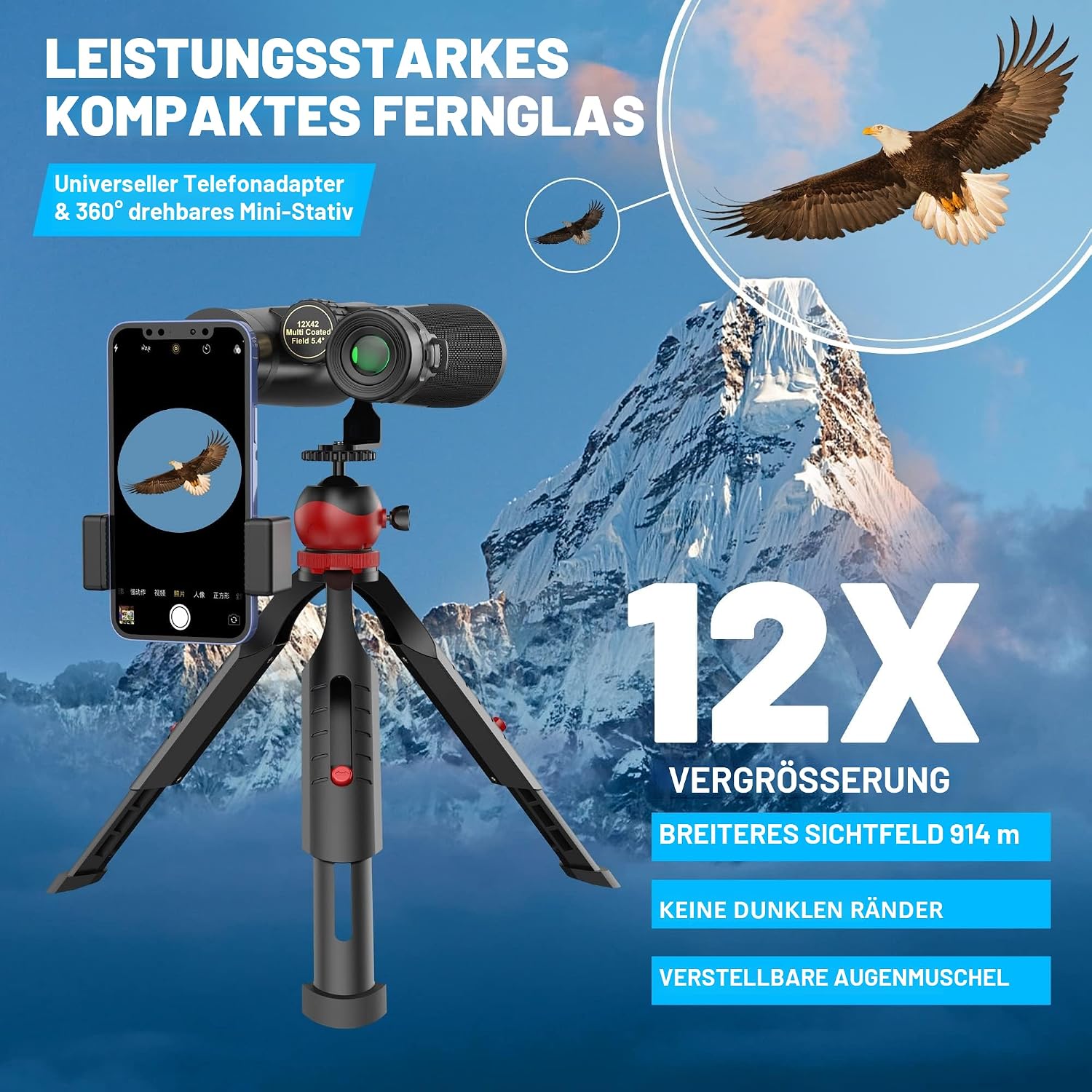 Detalle de Kylietech 12x42 Fernglas für Erwachsene mit Stativ & Smartphone-Adapter (wasserdicht, BaK-4, FMC)