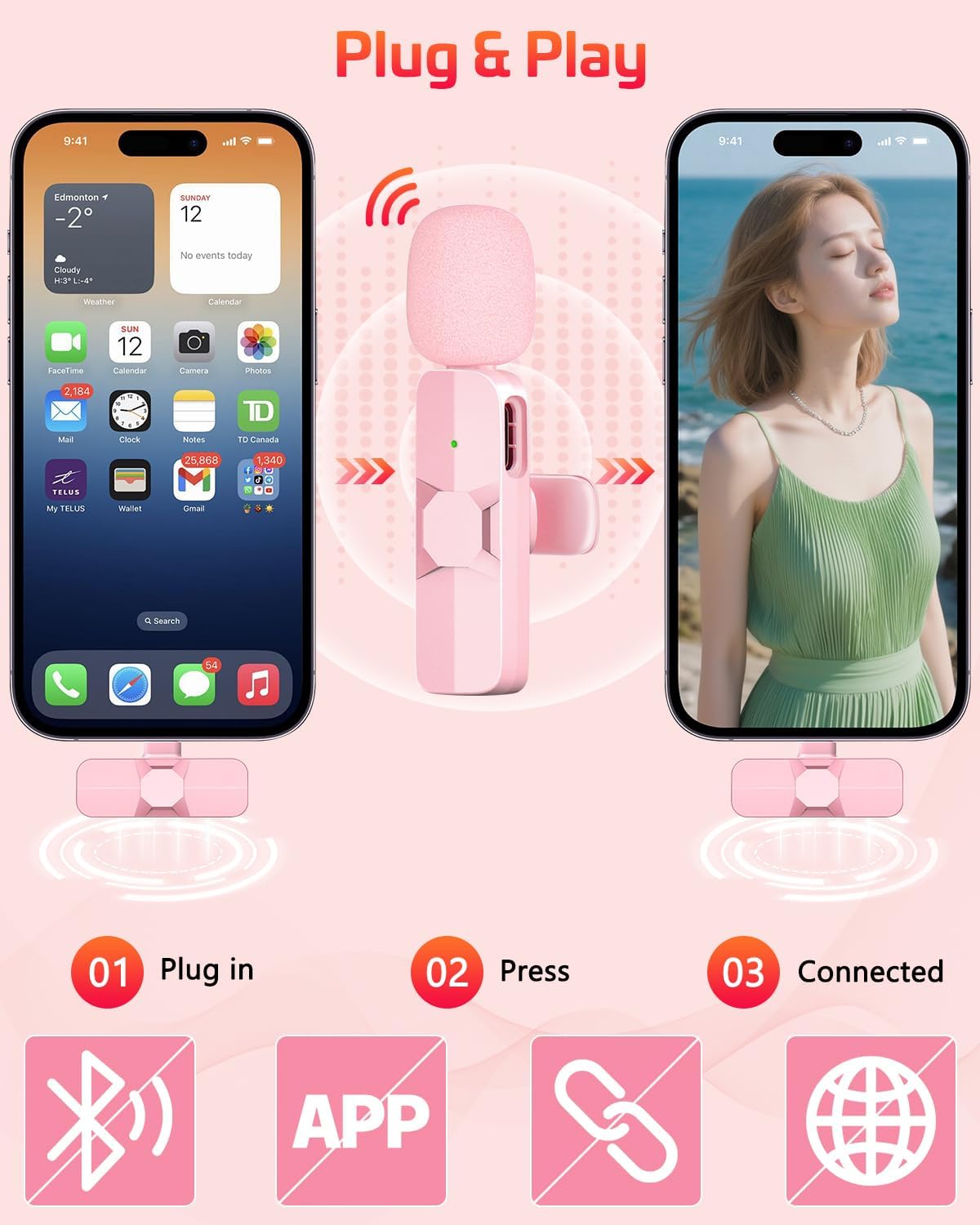 Detalle de HONGJIEYUAN Pink Wireless Lavalier Microphone for iPhone & Android