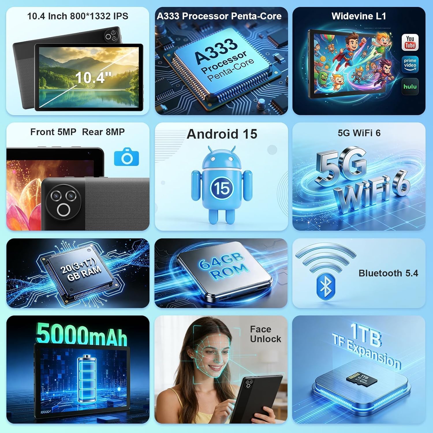 Detalle de MUISOO Android 15 10.4-inch Tablet (20GB RAM + 64GB, WiFi 6, Bluetooth 5.4) with Keyboard, Pen & Mouse