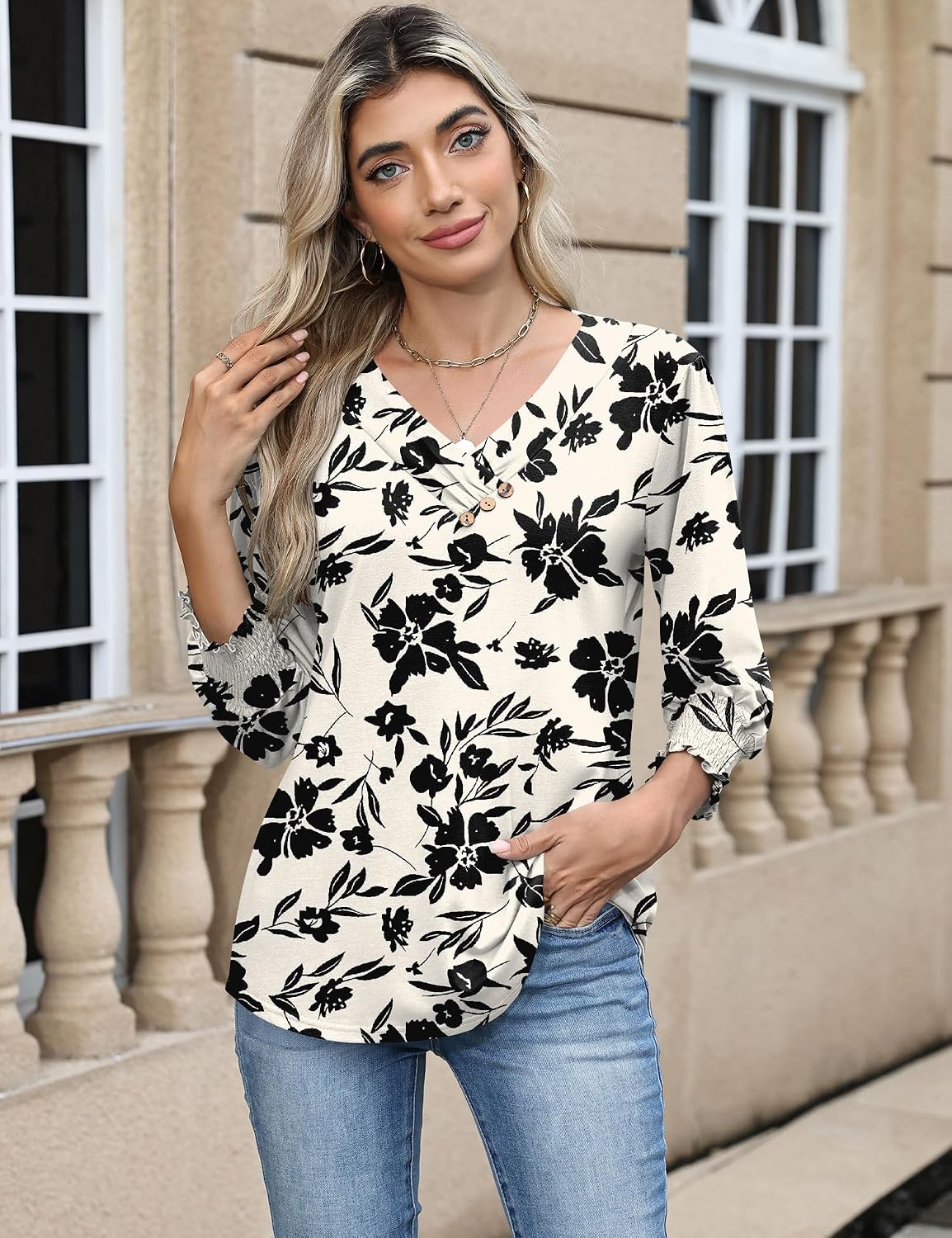 Detalle de Rapbin Bluse Damen mit 3/4-Arm und V-Ausschnitt – elegante Tunika für Sommer & Alltag