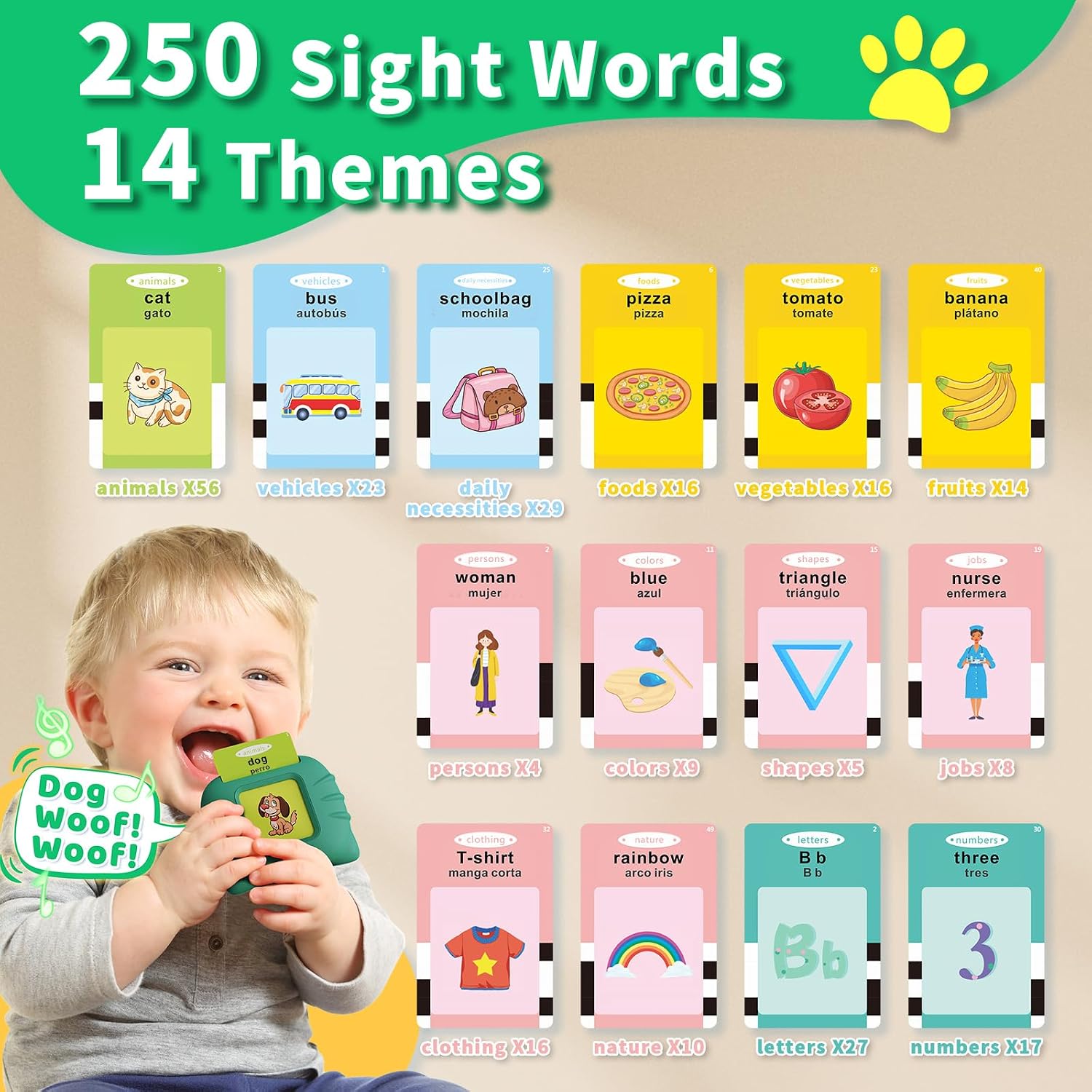 Detalle de Aullsaty Bilingual Toddler Talking Flash Cards: 250 Sight Words for Early Learning