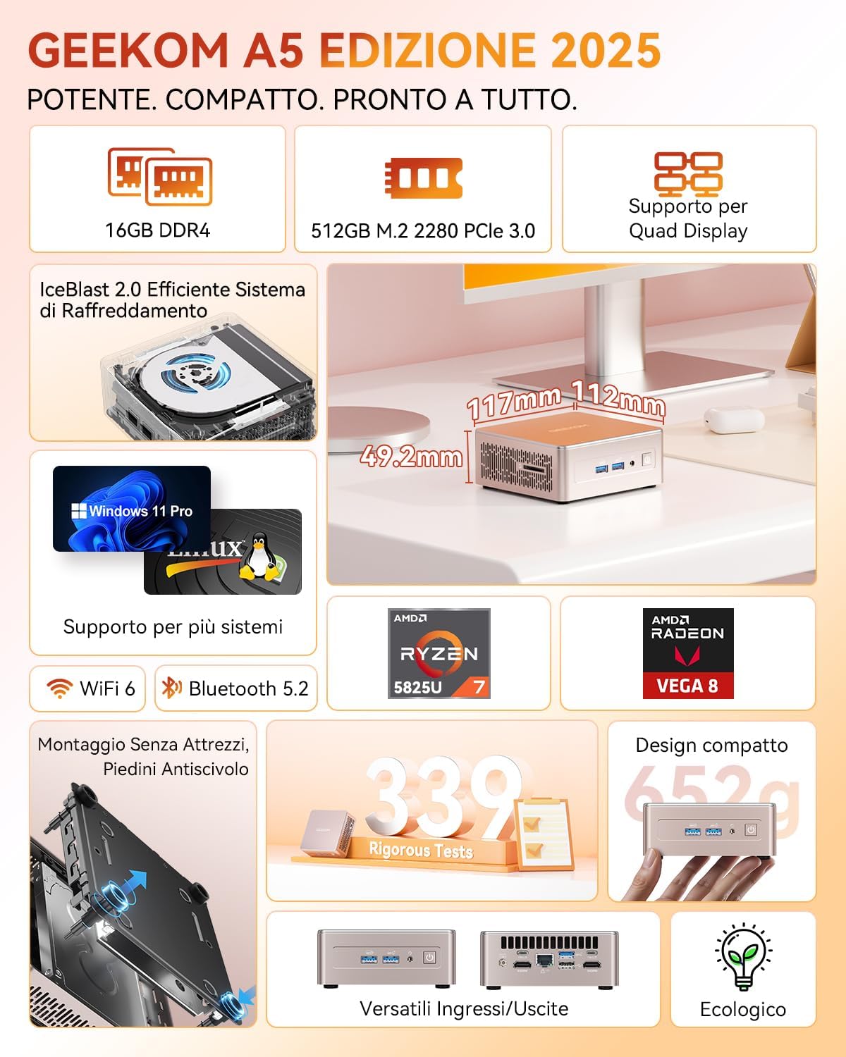Detalle 2 de GEEKOM A5 Mini PC Ryzen 7 5825U 16GB