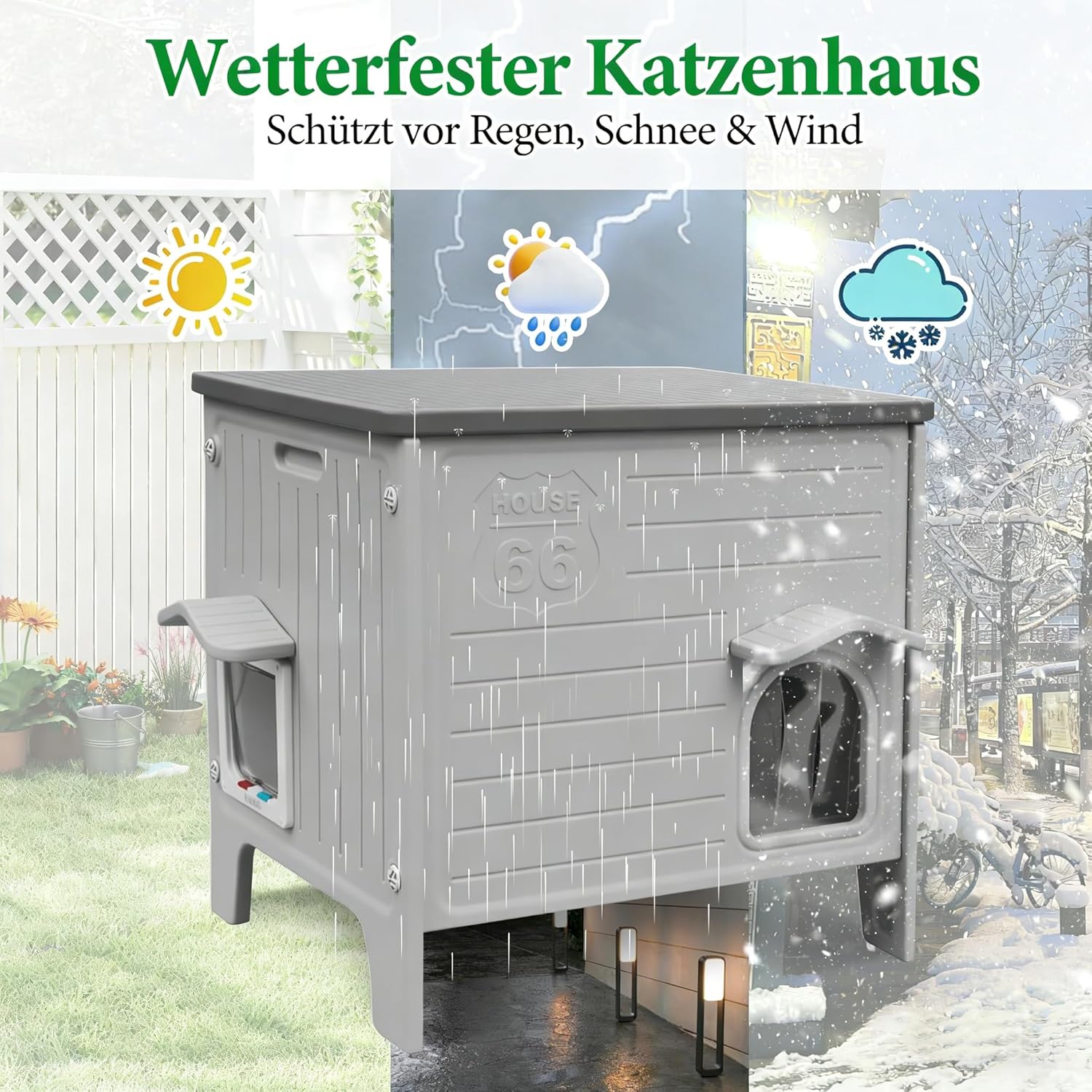 Thumbnail 4 de HiCaptain Outdoor-Katzenhaus winterfest aus HDPE mit Flucht-Tür – grau, für kleine bis mittlere Katzen
