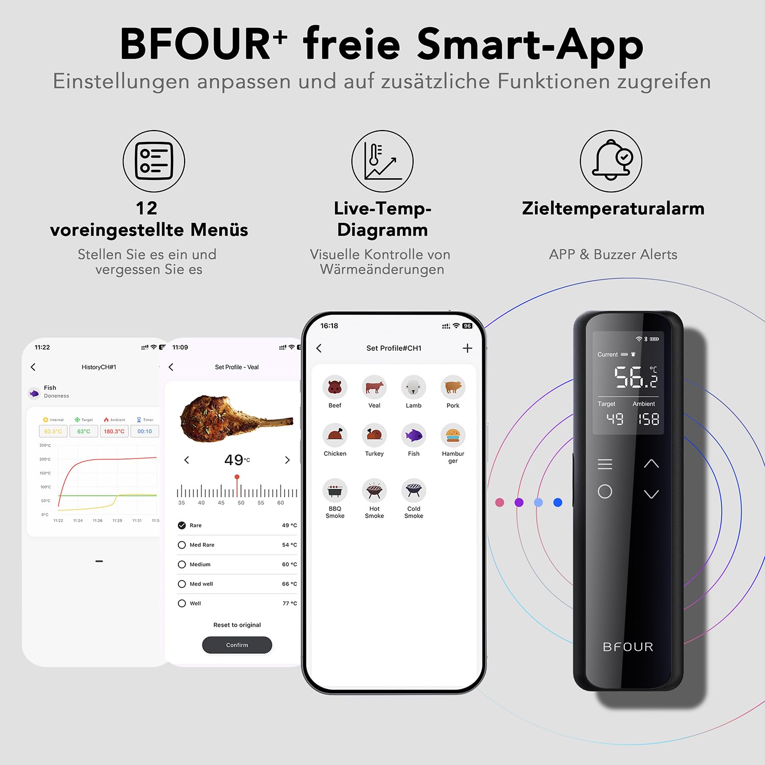 Detalle 1 de BFOUR WiFi Fleischthermometer mit ±0,5 °C