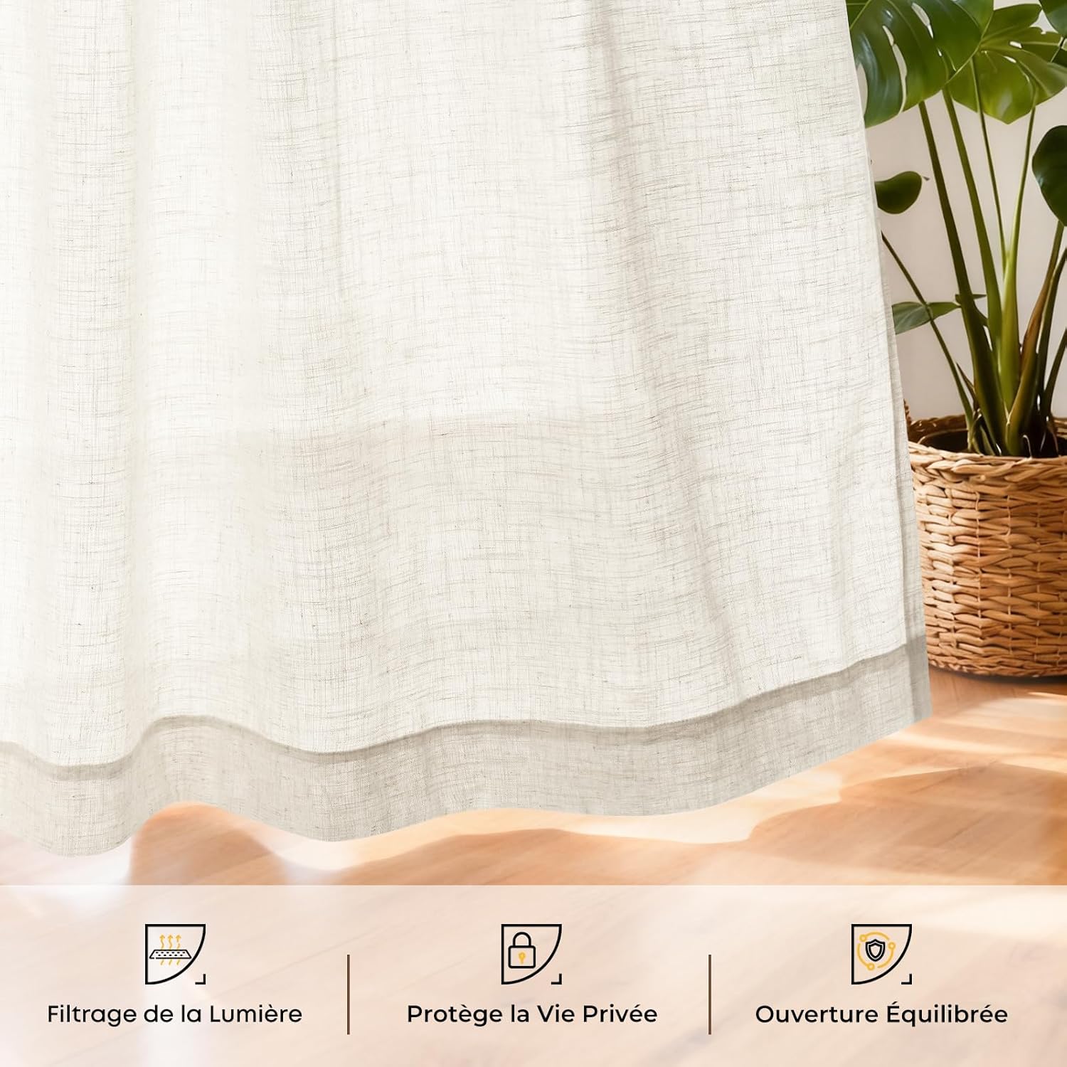 Detalle de INOVADAY Rideaux Aspect Lin Semi-Transparents Lot de 2 – 140L x 260H cm, Naturel