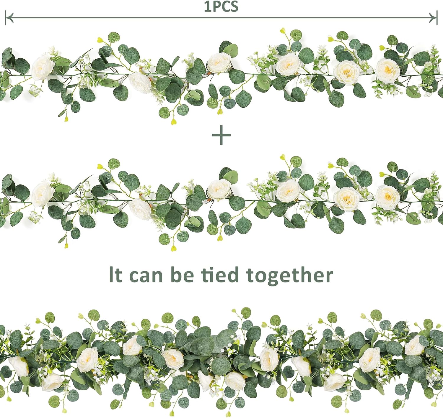 Detalle de TOCHGREEN 144 Artificial Eucalyptus Garland, 2-Pack with White Roses, 13 ft