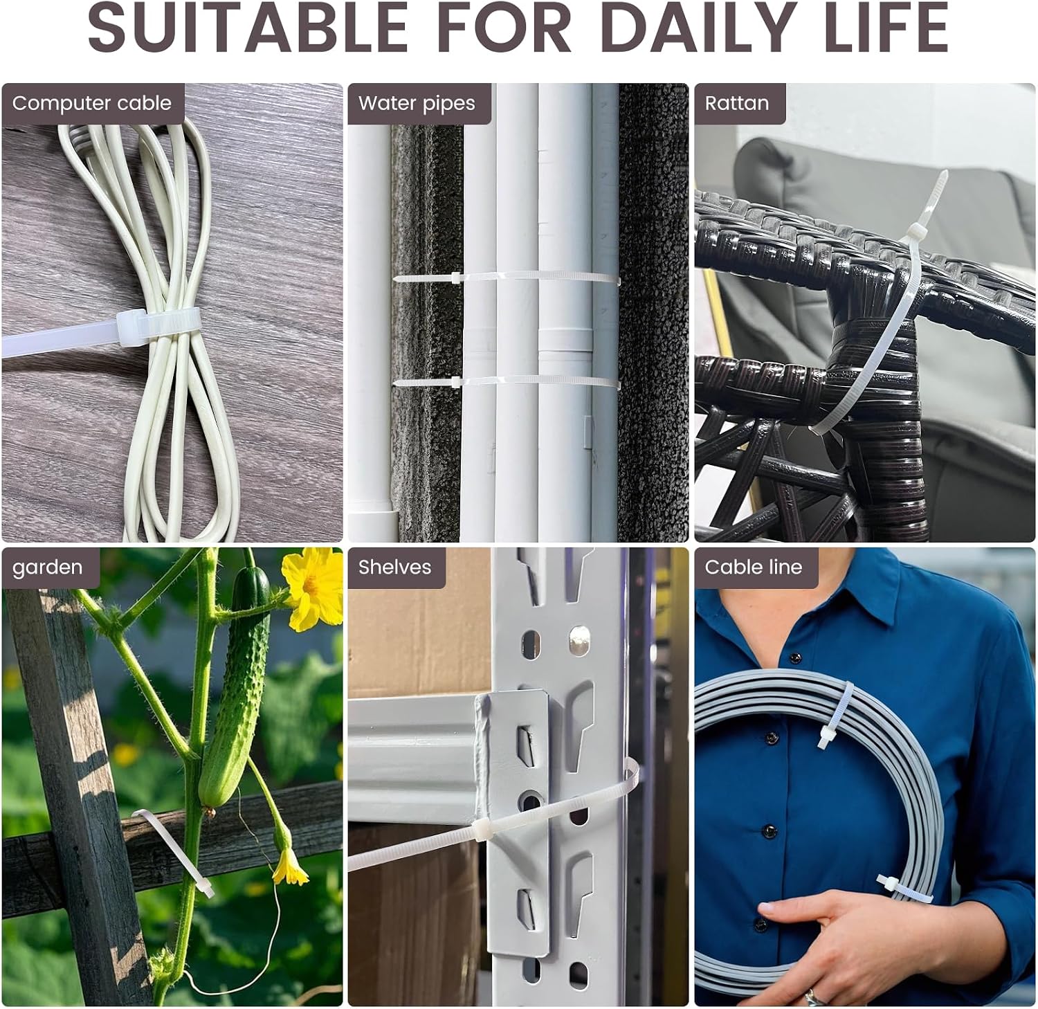 Detalle de Yaluzibi 1000-pack 8 inch white nylon cable ties (PA66), UV resistant self-locking