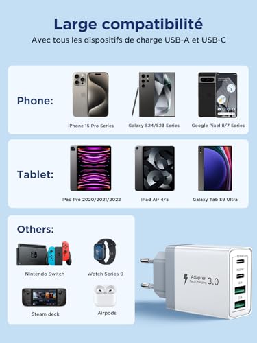 Detalle de Aioneus Chargeur USB C 40W 4 Ports – Charge rapide multi-port USB-C et USB-A