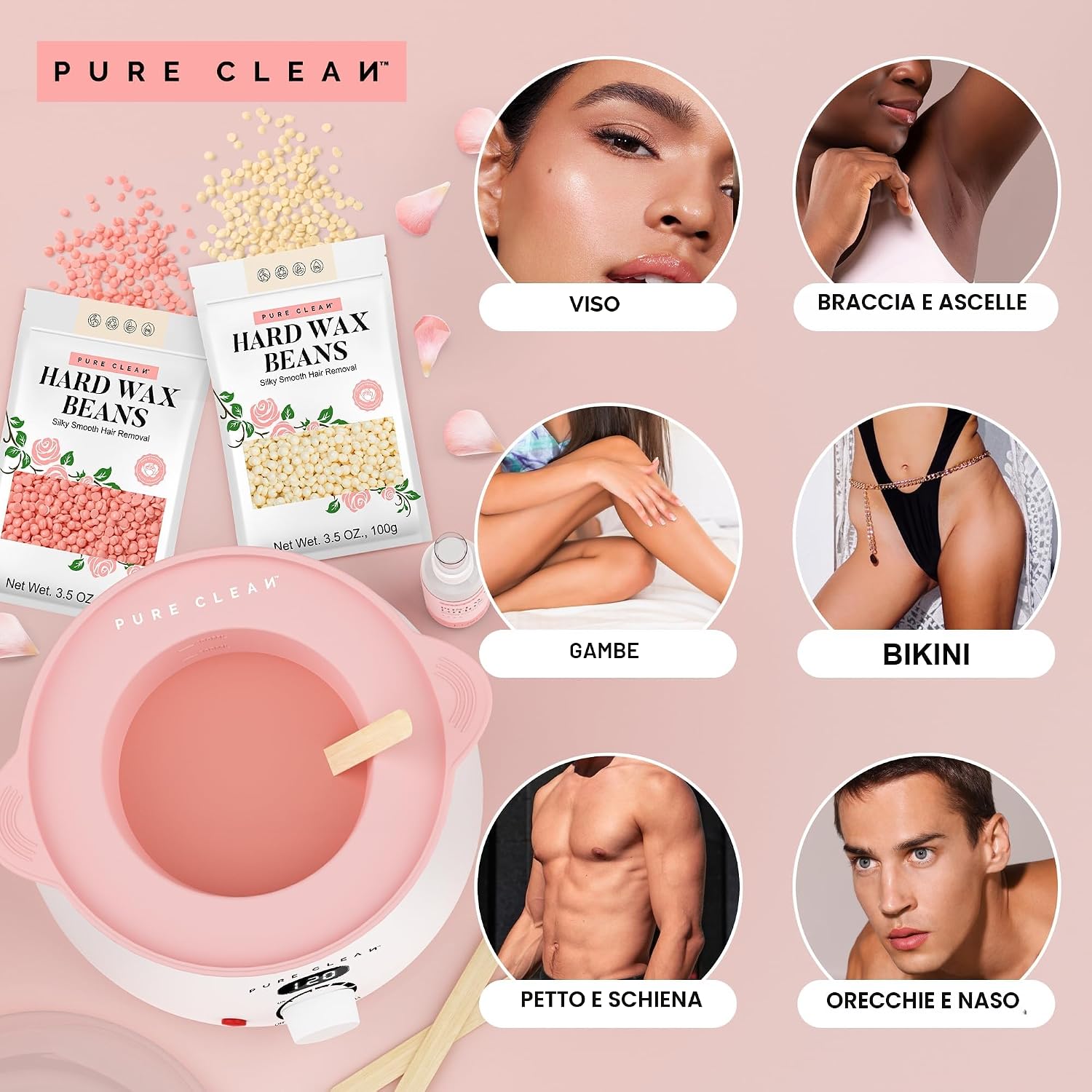 Detalle de PURECLEAN Digitale Cera Brasiliana – Kit completo per depilazione casalinga, 4 confezioni di perle e accessori