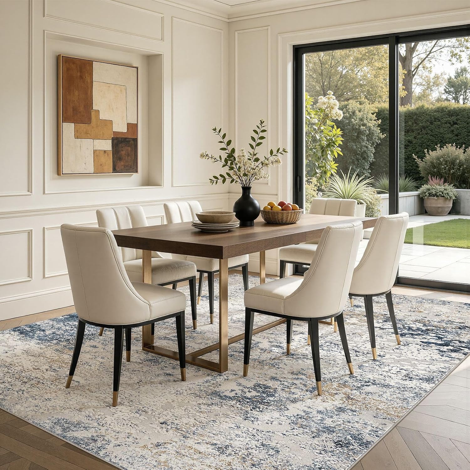 Detalle 2 de DMOYEST 8x10 Abstract Low Pile Area Rug (Neutral Beige Blue) — Soft, Washable Indoor Carpet