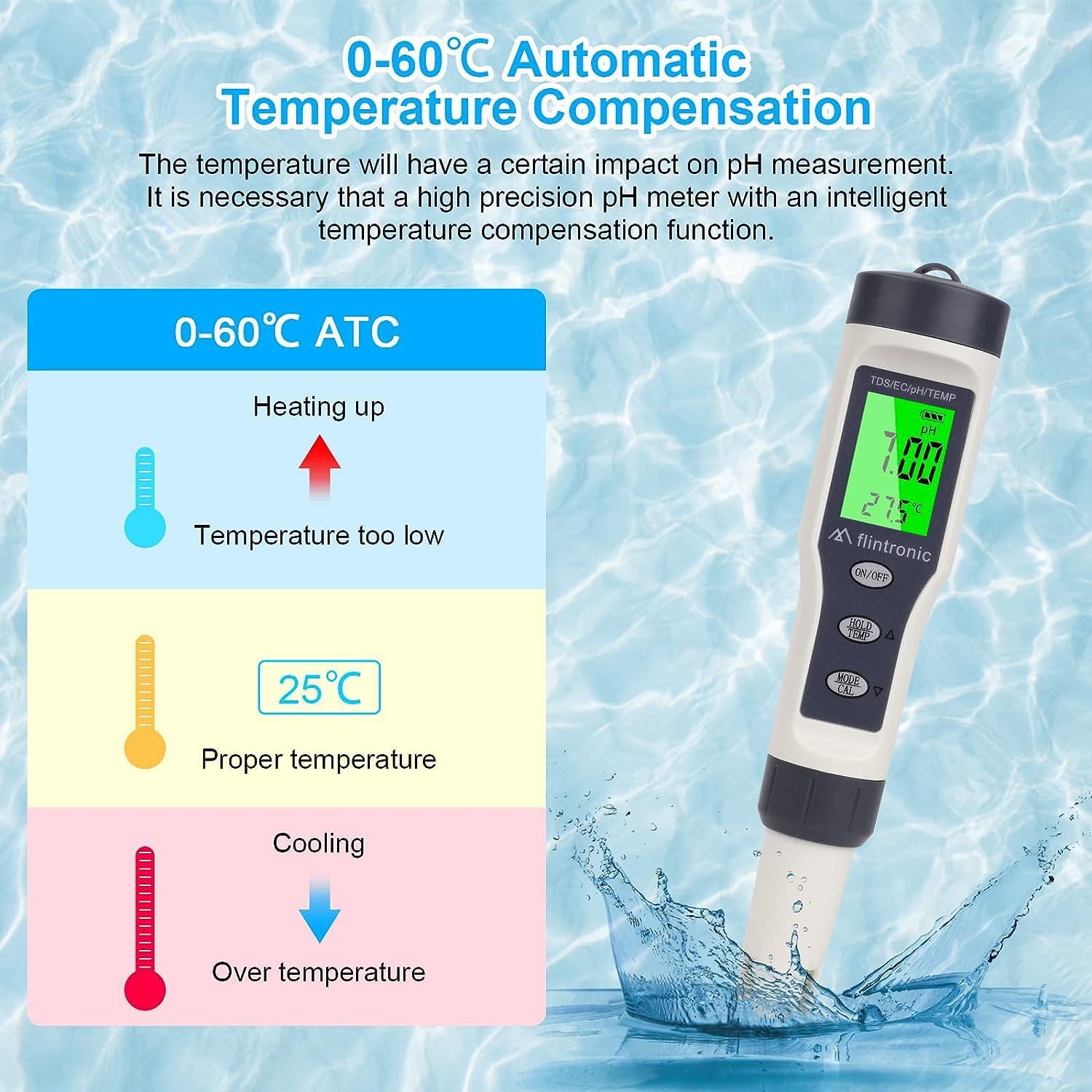 Detalle 2 de flintronic 4-in-1 pH/TDS/EC Messgerät mit Hintergrundbeleuchtung – PH Messgerät für Pool, Trinkwasser & Aquarium