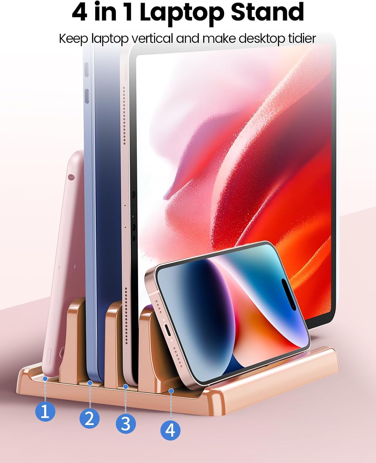 Detalle 2 de VAYDEER Vertikaler Laptop Ständer 4in1 – Roségold, platzsparend, flexibel