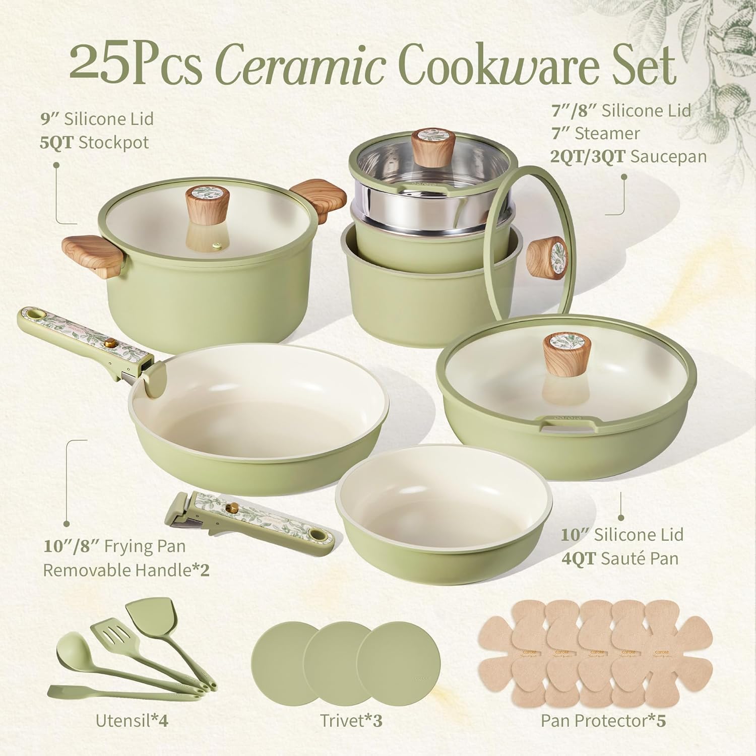 Detalle de CAROTE 25-Piece Ceramic Cookware Set with Detachable Handles (PFAS Free, Nonstick)