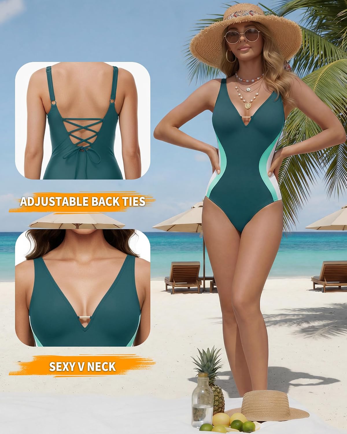 Detalle de ALGALAROUND One Piece Swimsuit for Women with Tummy Control and Pleated Deep V-Neck