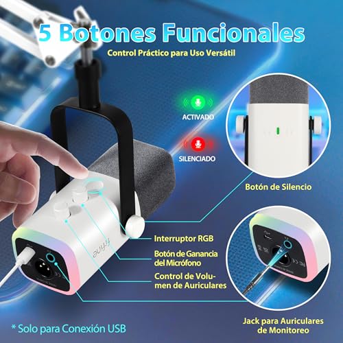 Detalle de FIFINE XLR Streaming: Micrófono dinámico para podcast y streaming, USB/XLR, RGB, Blanco