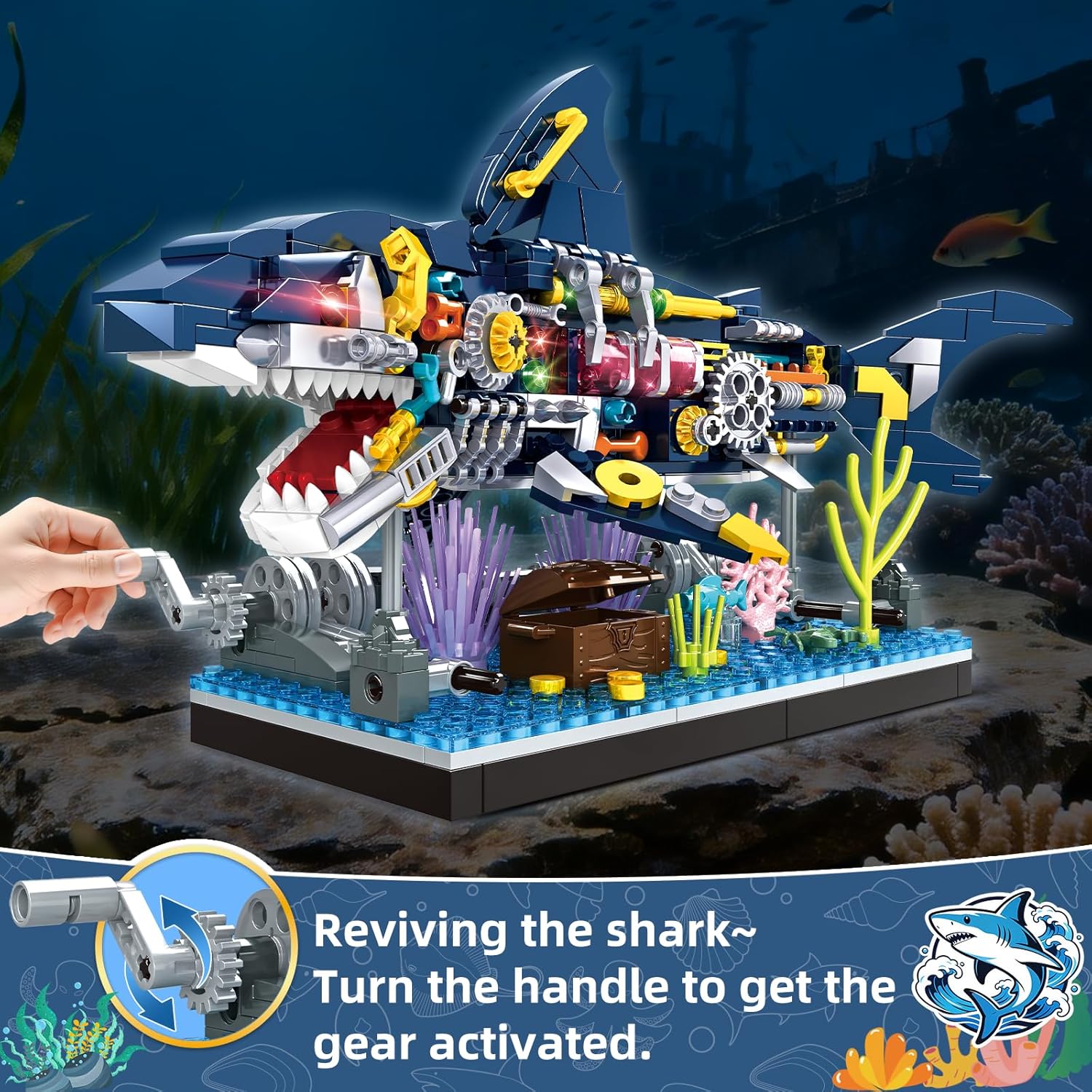 Detalle de kiothdre Ensemble Blocs Construction Requin – Jouet mécanique semi‑mécanique pour enfants et collectionneurs