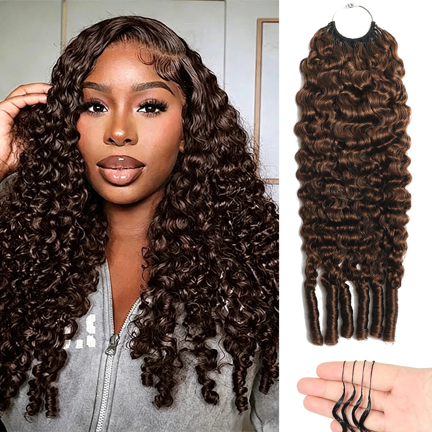 Thumbnail 6 de Feather Crochet Human Hair: Chocolate Brown Burmese Curly 18 Inch, 100% Virgin, Knotless Pre-Separated Crochet Extensions