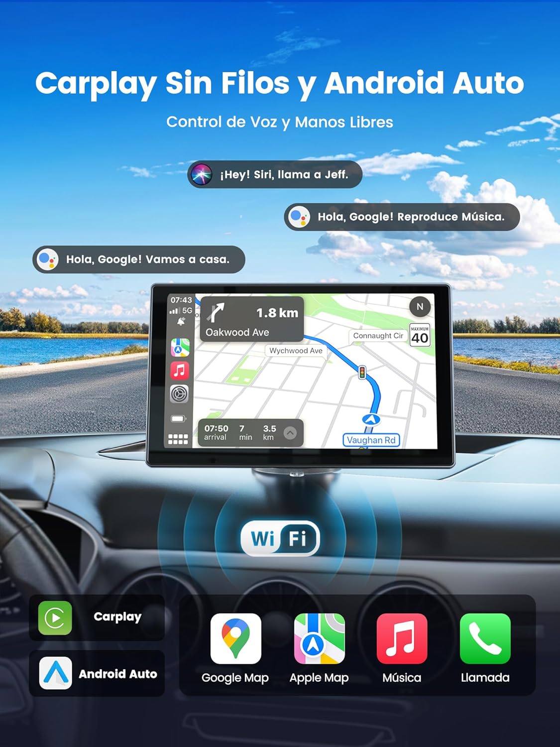Detalle de Carplay Auto 9'': Dash Cam 4K Frontale e 1080P Posteriore, Navigazione GPS, CarPlay/Android Auto Wireless, Mirror Link e SD 64GB Inclusa