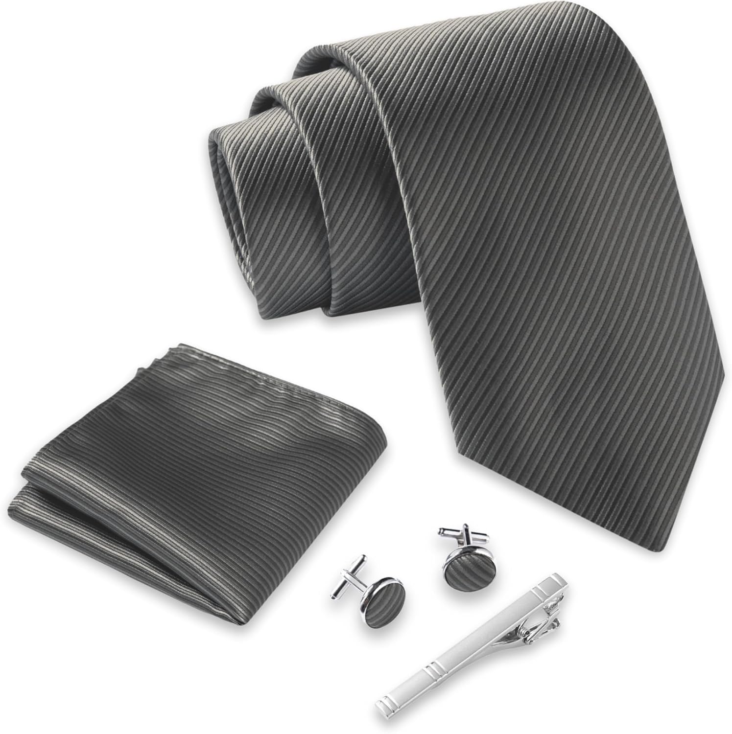 Detalle de Massi Morino Cravate Homme en coffret cadeau 5-en-1 avec mouchoirs de poche, boutons de manchette et pince à cravate