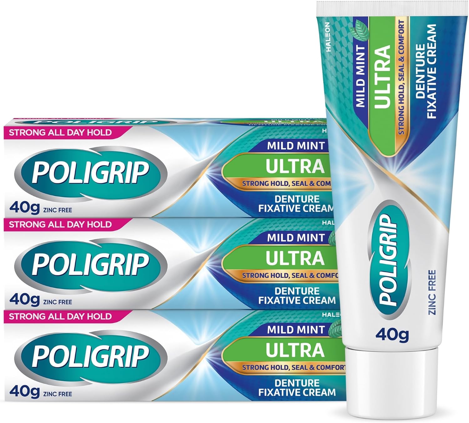Detalle de Poligrip Ultra Denture Adhesive Cream 40 g (Pack of 3) – Strong all-day hold with fresh mint