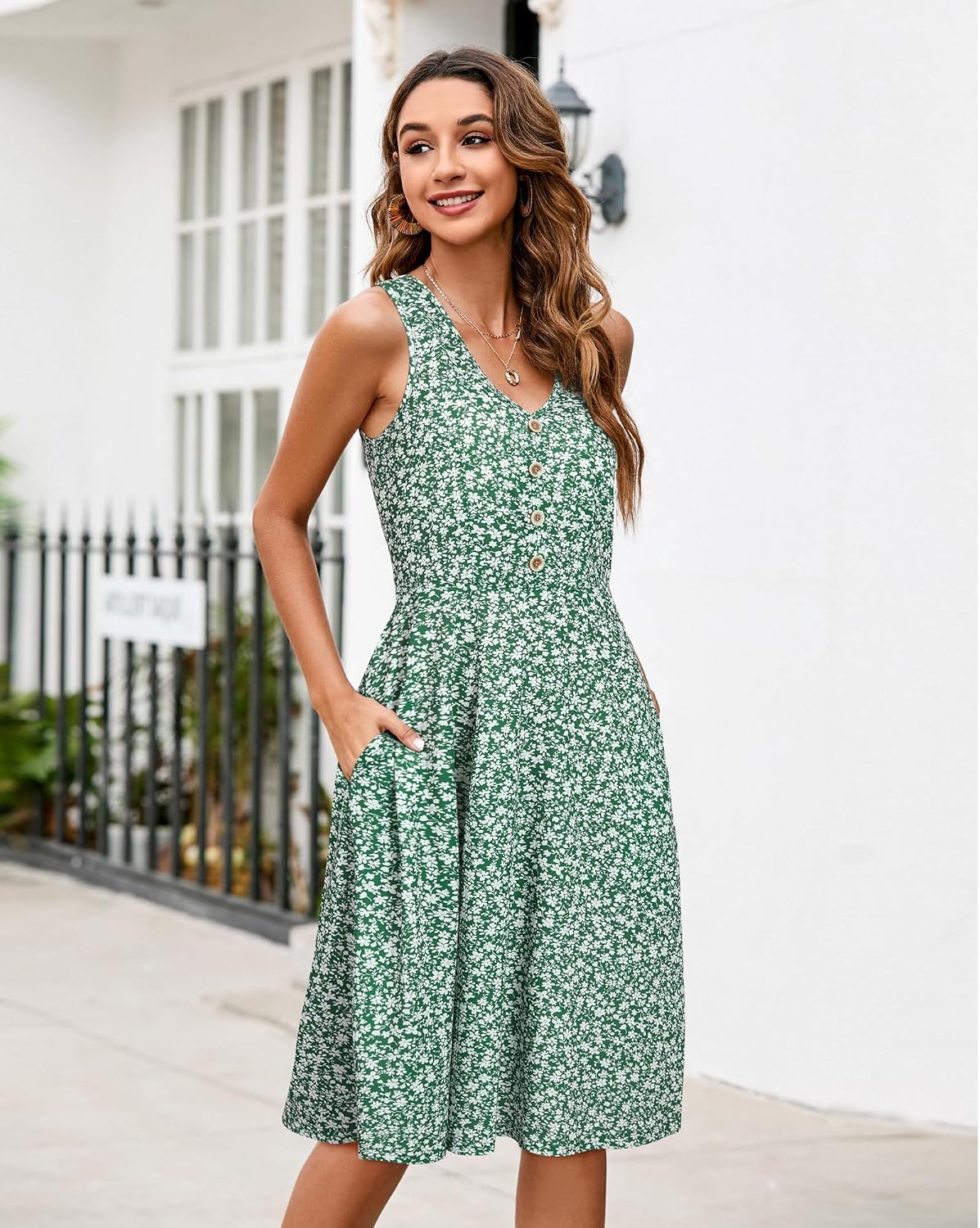 Thumbnail 2 de II ININ Women's Summer V Neck Sleeveless Midi Floral Dress with Pockets