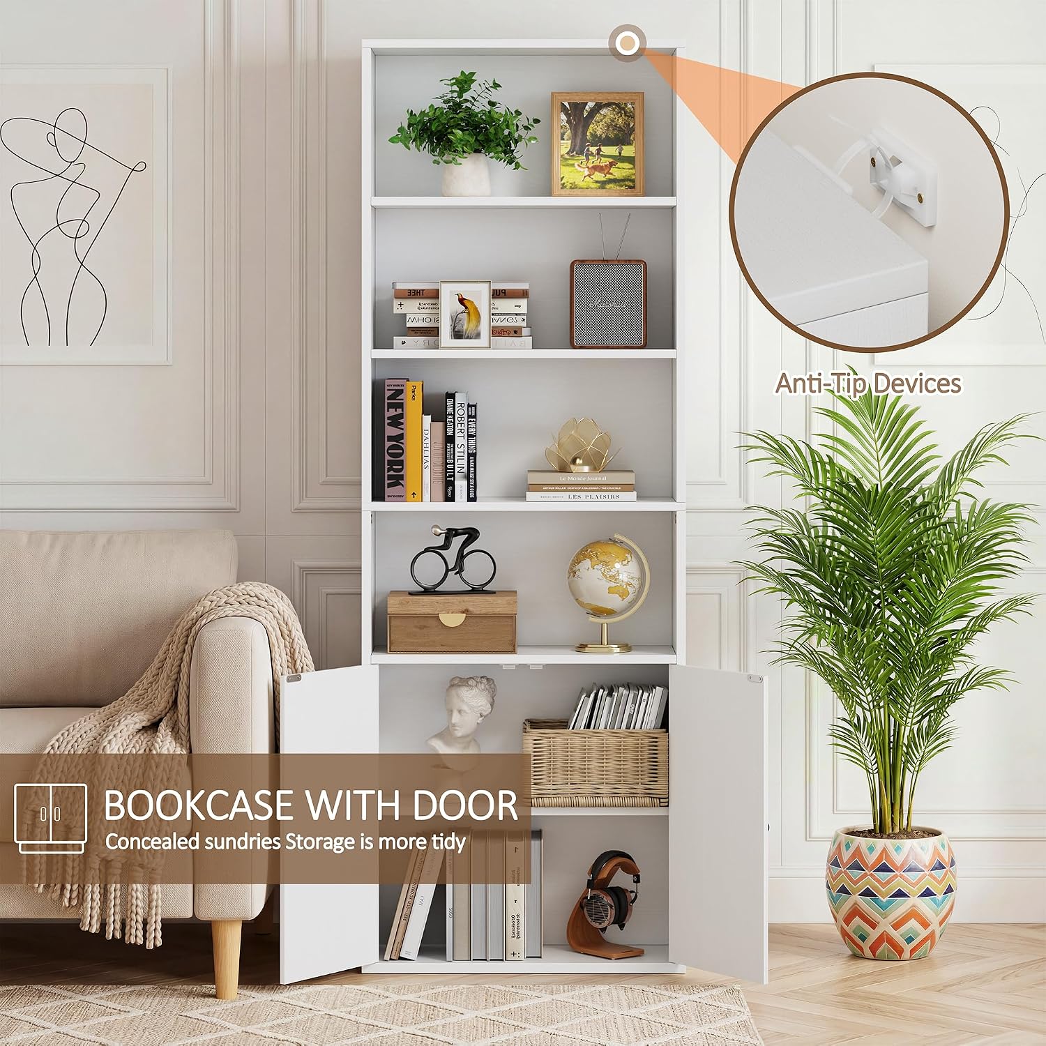 Detalle 1 de Shintenchi MSG002 Bookshelf, 6-Tier White Bookcase with Doors