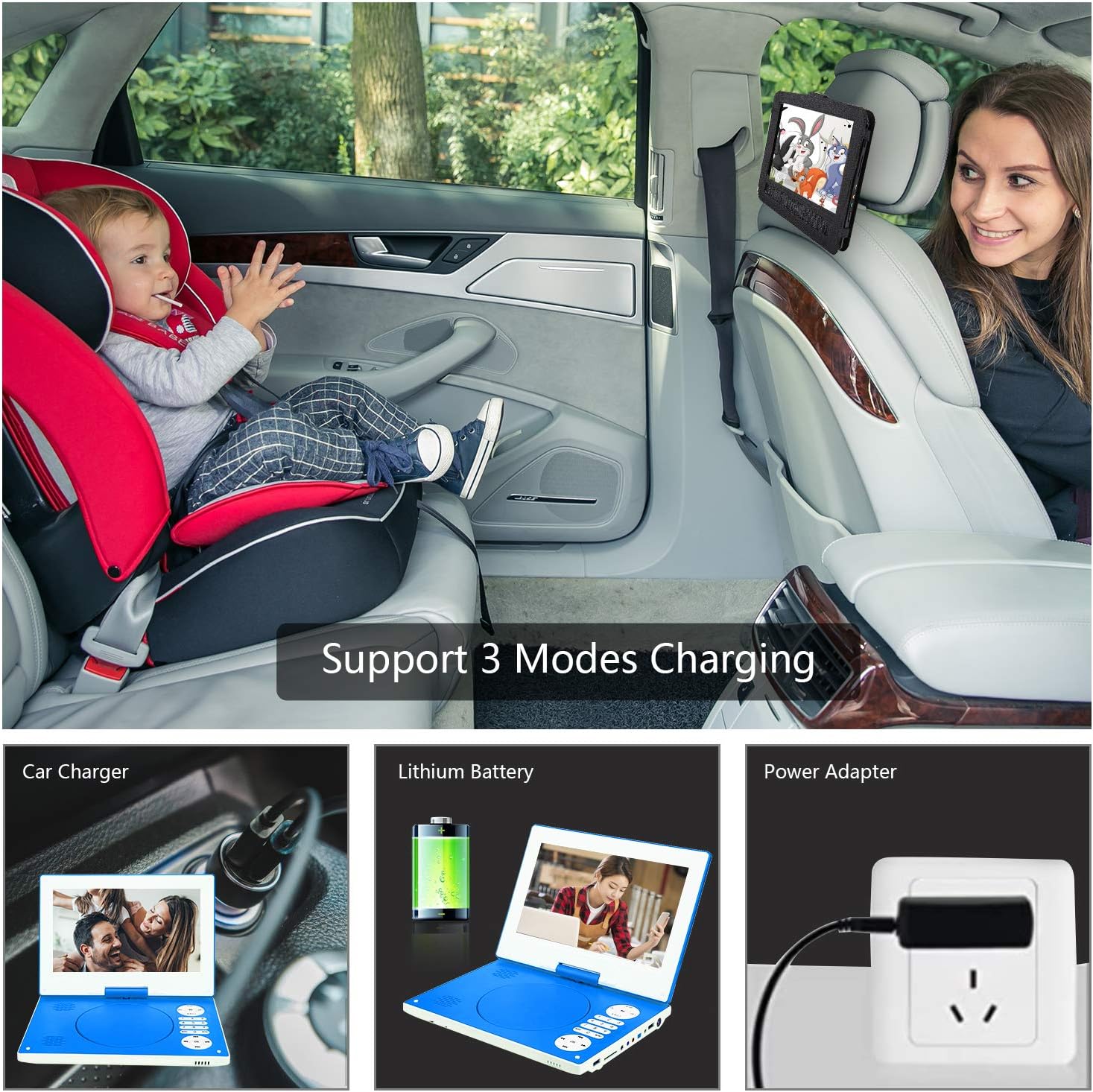 Detalle de YOOHOO Lecteur DVD portable 12,5" avec écran pivotant 270° et batterie rechargeable – divertissement nomade