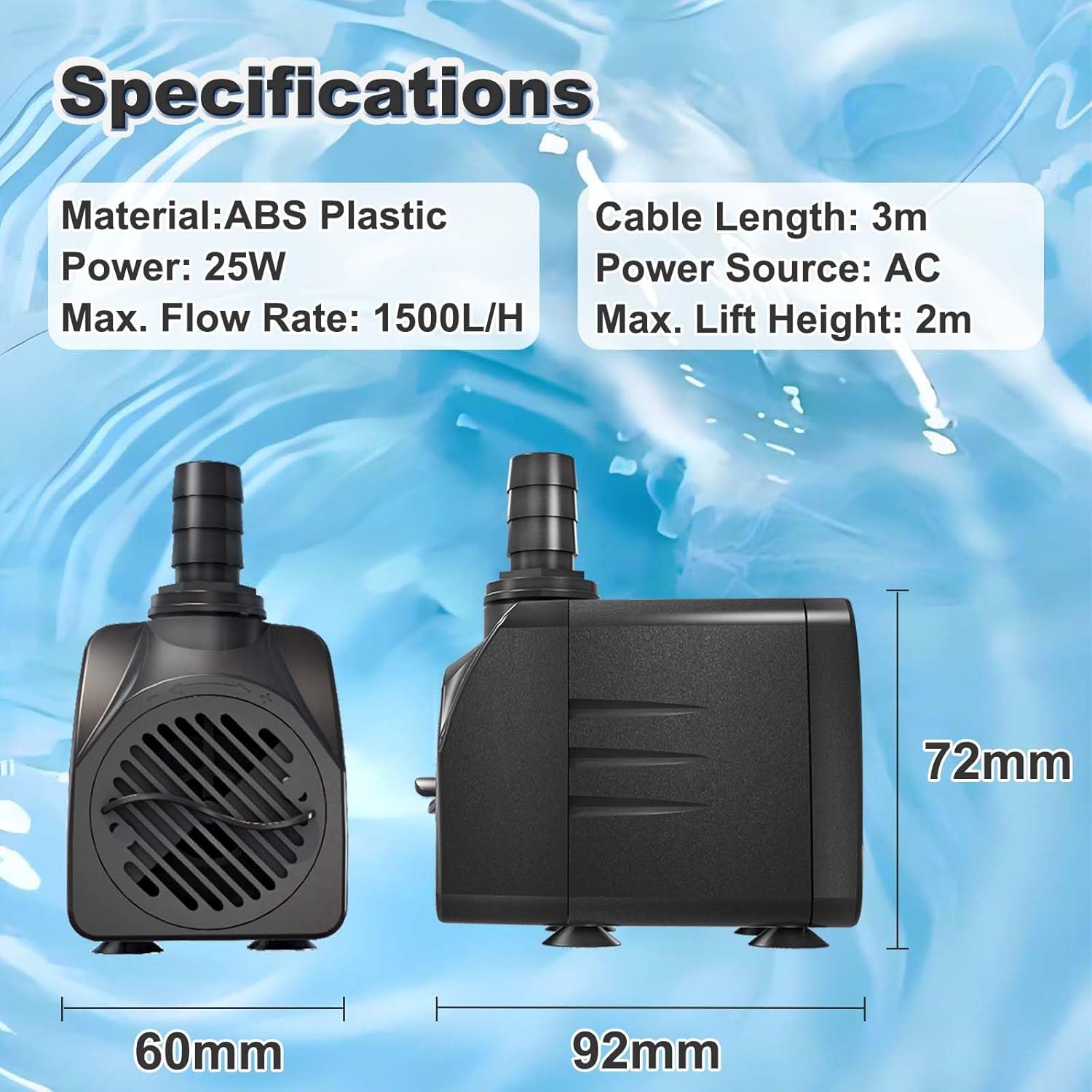Detalle de SongLong 1500L/H 25W Submersible Water Pump (3m Cable) – Ultra Quiet, 2m Lift, Overheating Protection