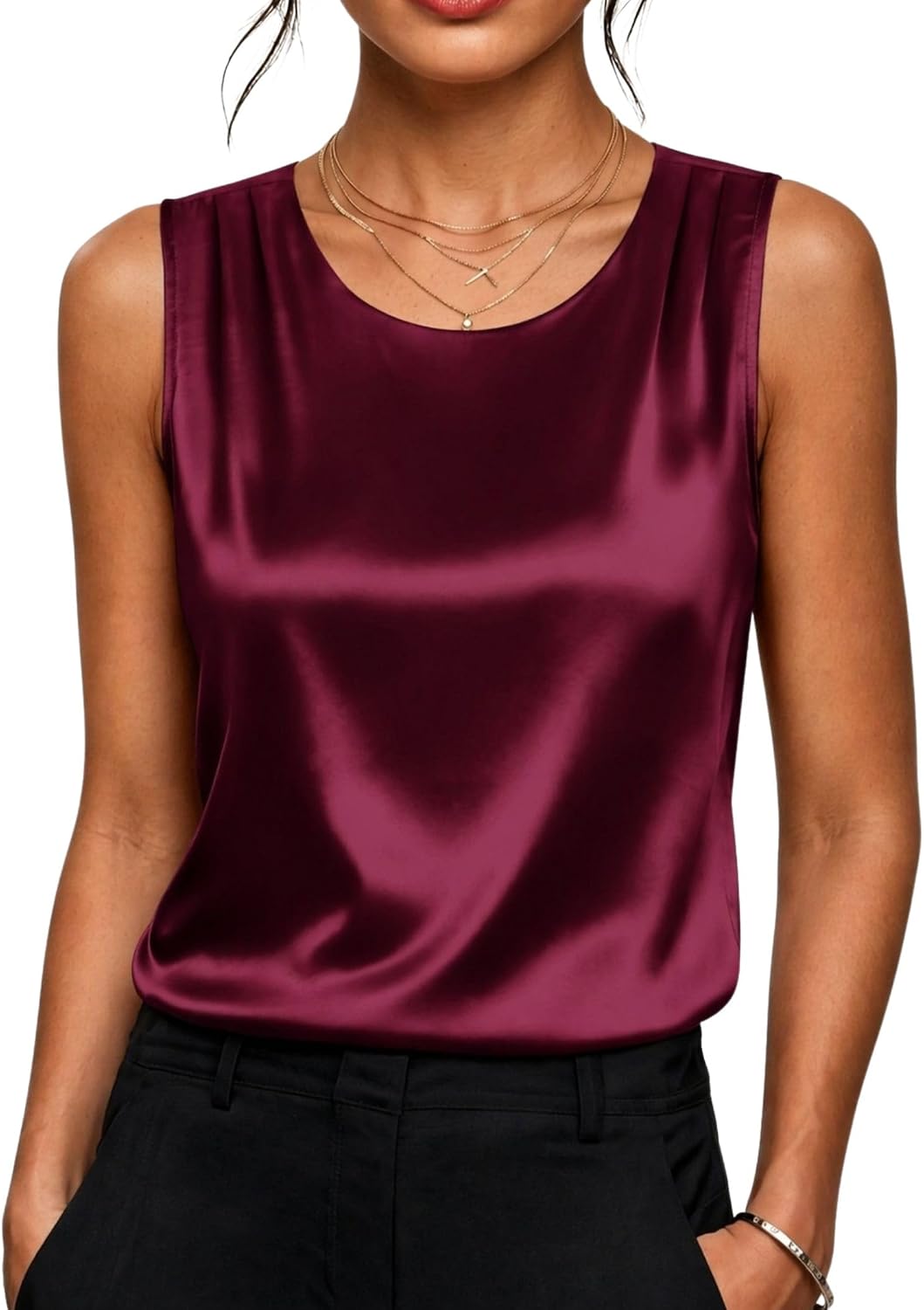 Detalle de Zeagoo Women's Satin Tank Top, Pleated Sleeveless Blouse with Round Neck