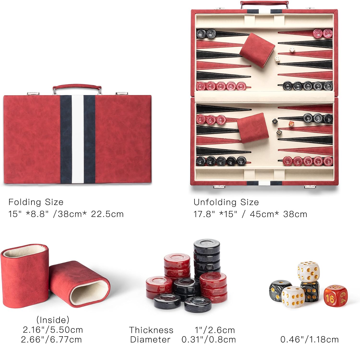 Detalle 2 de Lingle 15-inch Backgammon Set for Adults with Folding Faux Leather Case (Red)