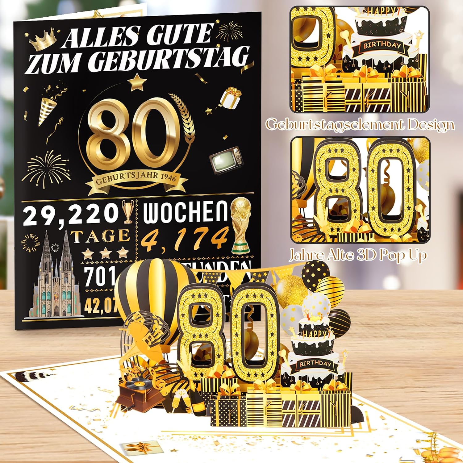 Detalle 2 de Olosong Geburtstagskarte zum 80. Geburtstag – 3D Pop-up Karte „80“ mit Umschlag